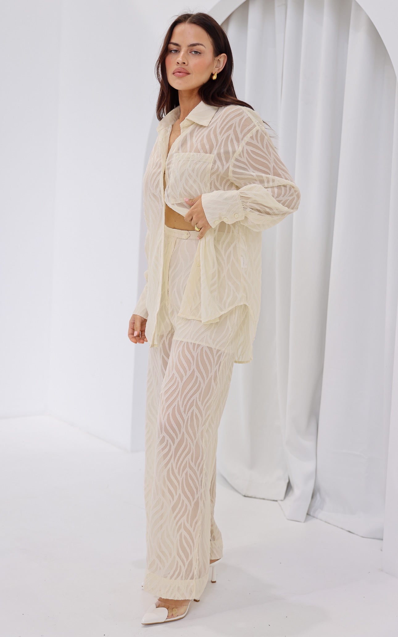 Piper Wide Leg Pants - Cream Texture