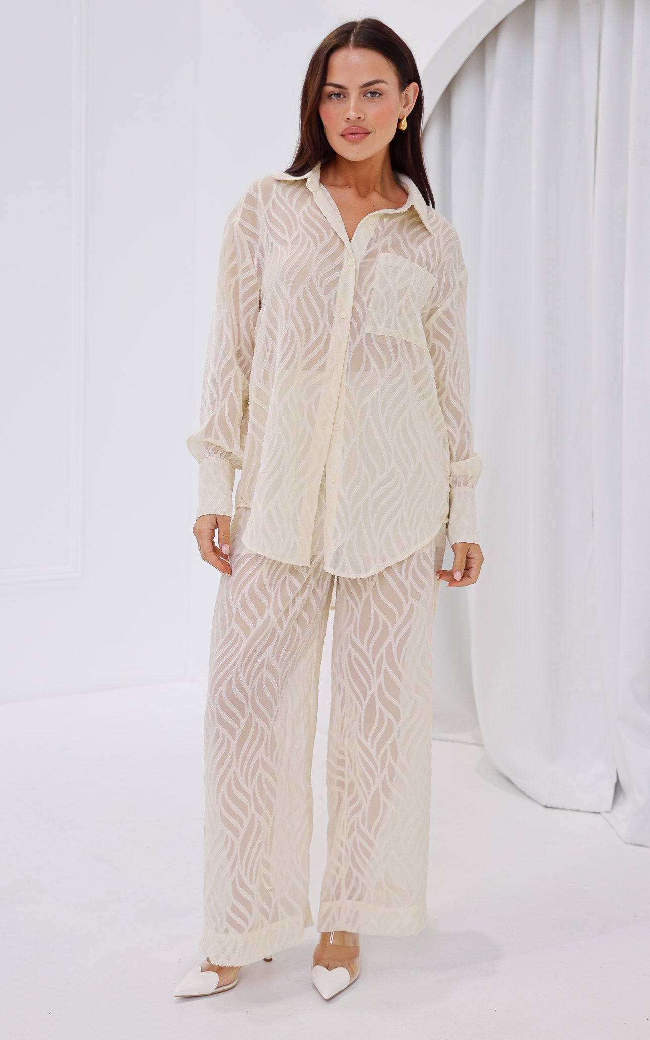 Piper Wide Leg Pants - Cream Texture