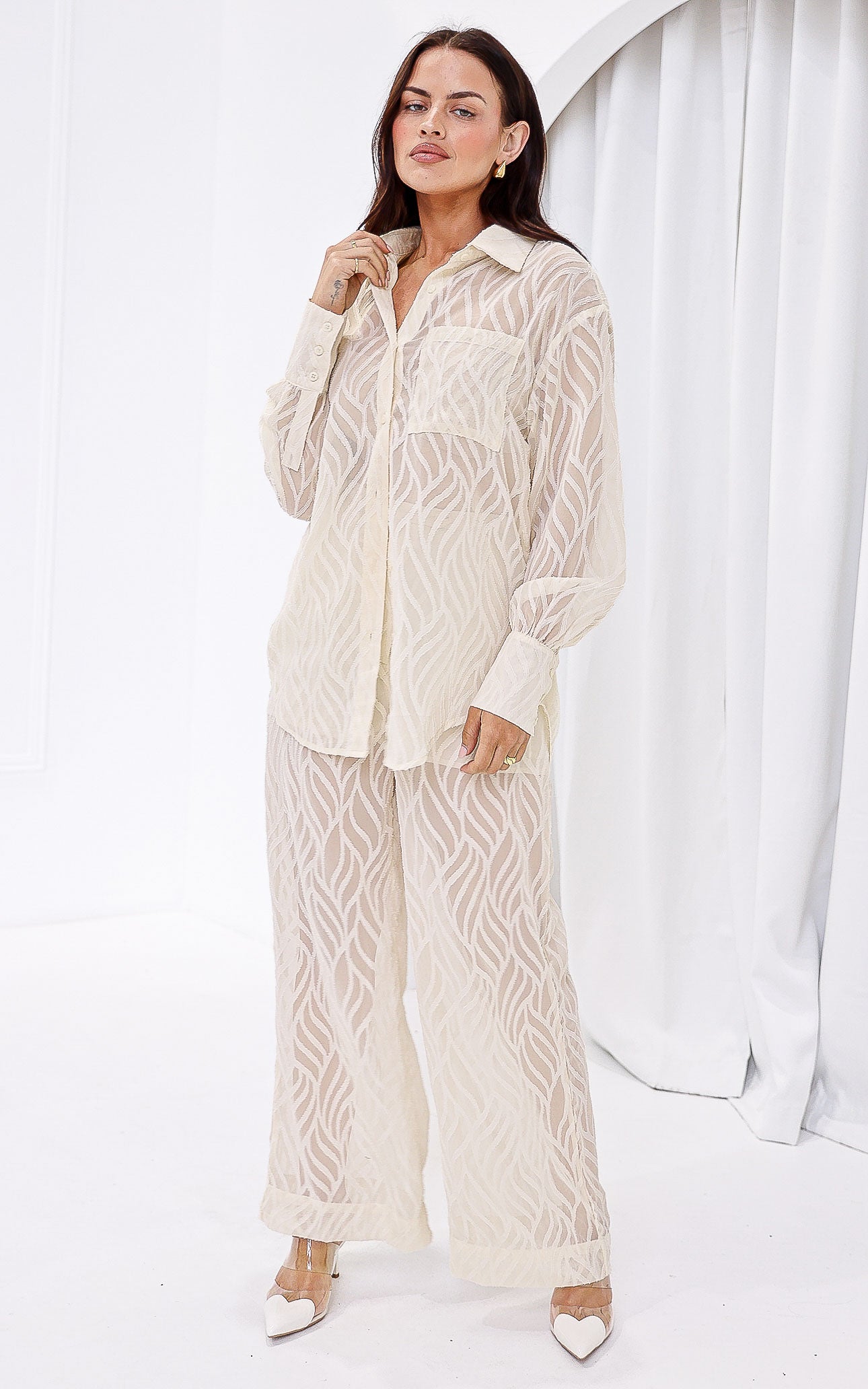 Piper Wide Leg Pants - Cream Texture