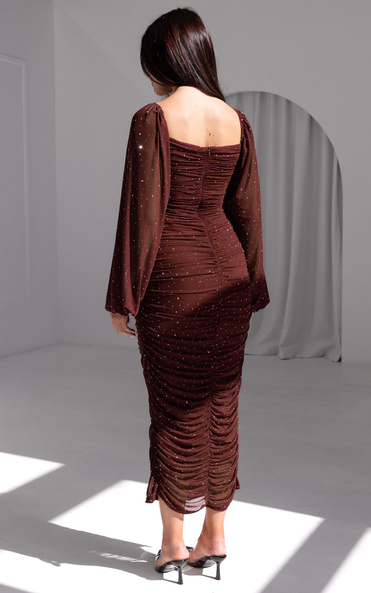 Jolie Embellished Mesh Midi Dress - Wine