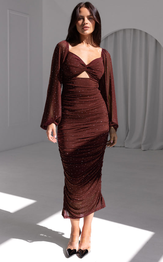 Jolie Embellished Mesh Midi Dress - Wine