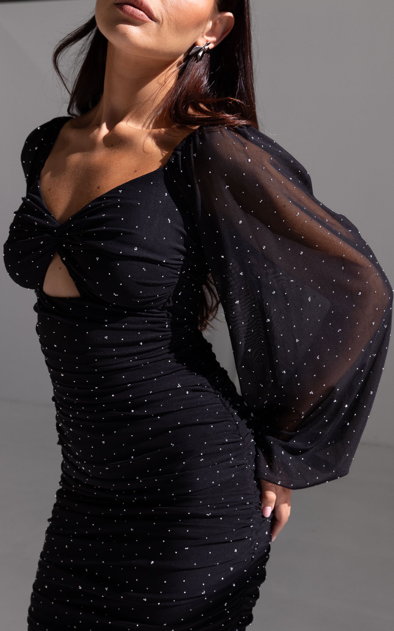 Jolie Embellished Mesh Midi Dress - Black
