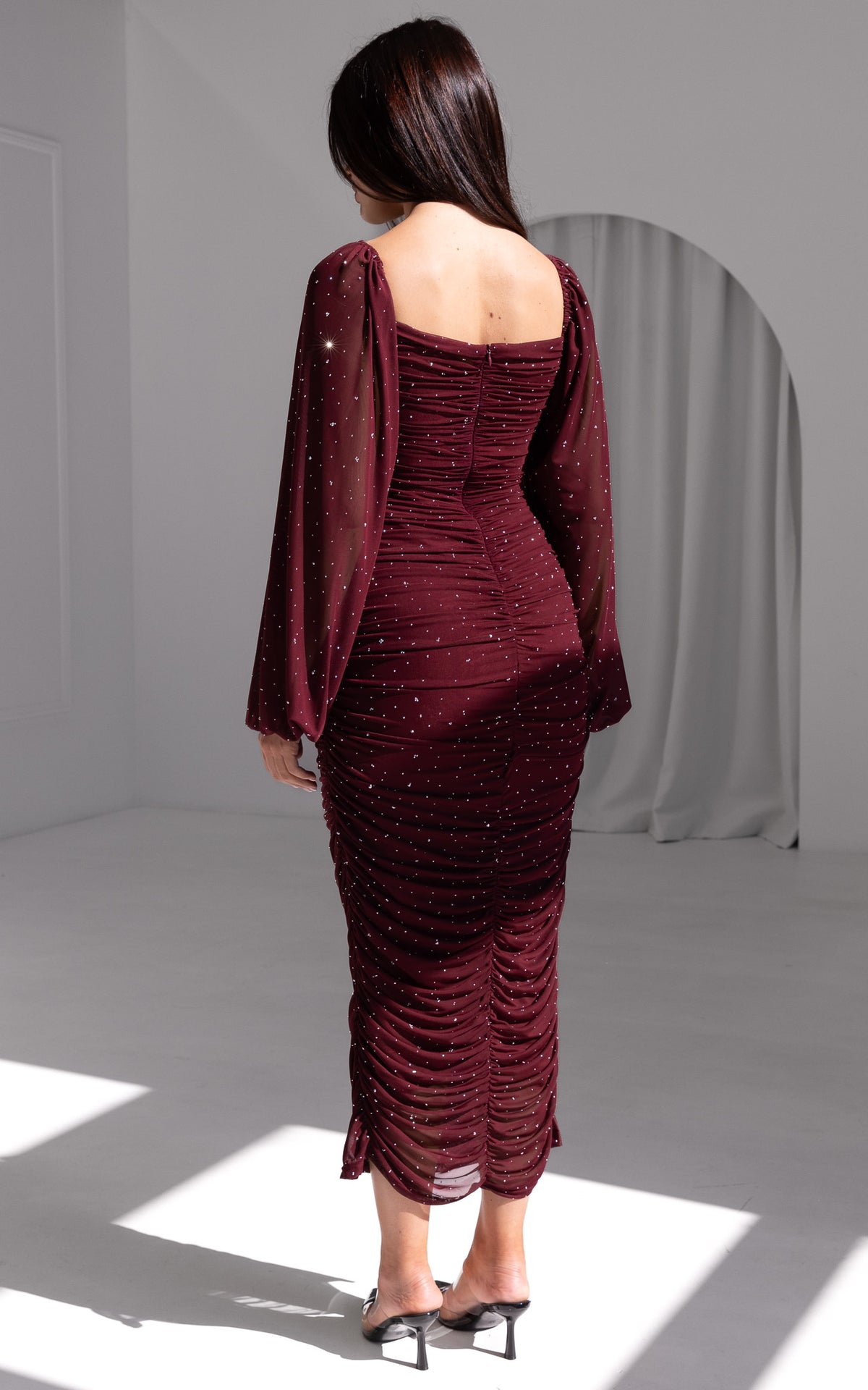 (PREORDER) Jolie Mesh Midi Dress - Wine Embellished