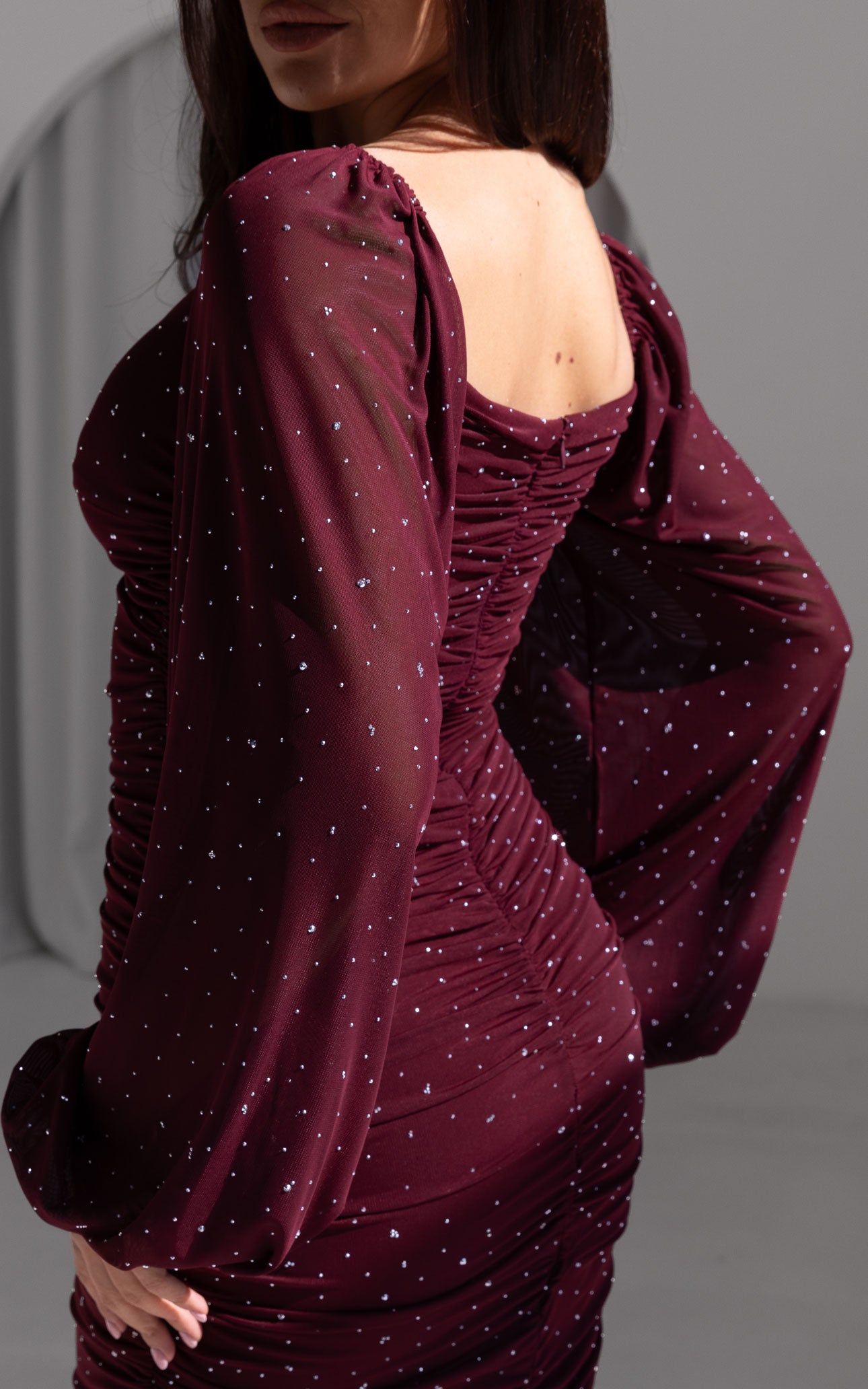 (PREORDER) Jolie Mesh Midi Dress - Wine Embellished