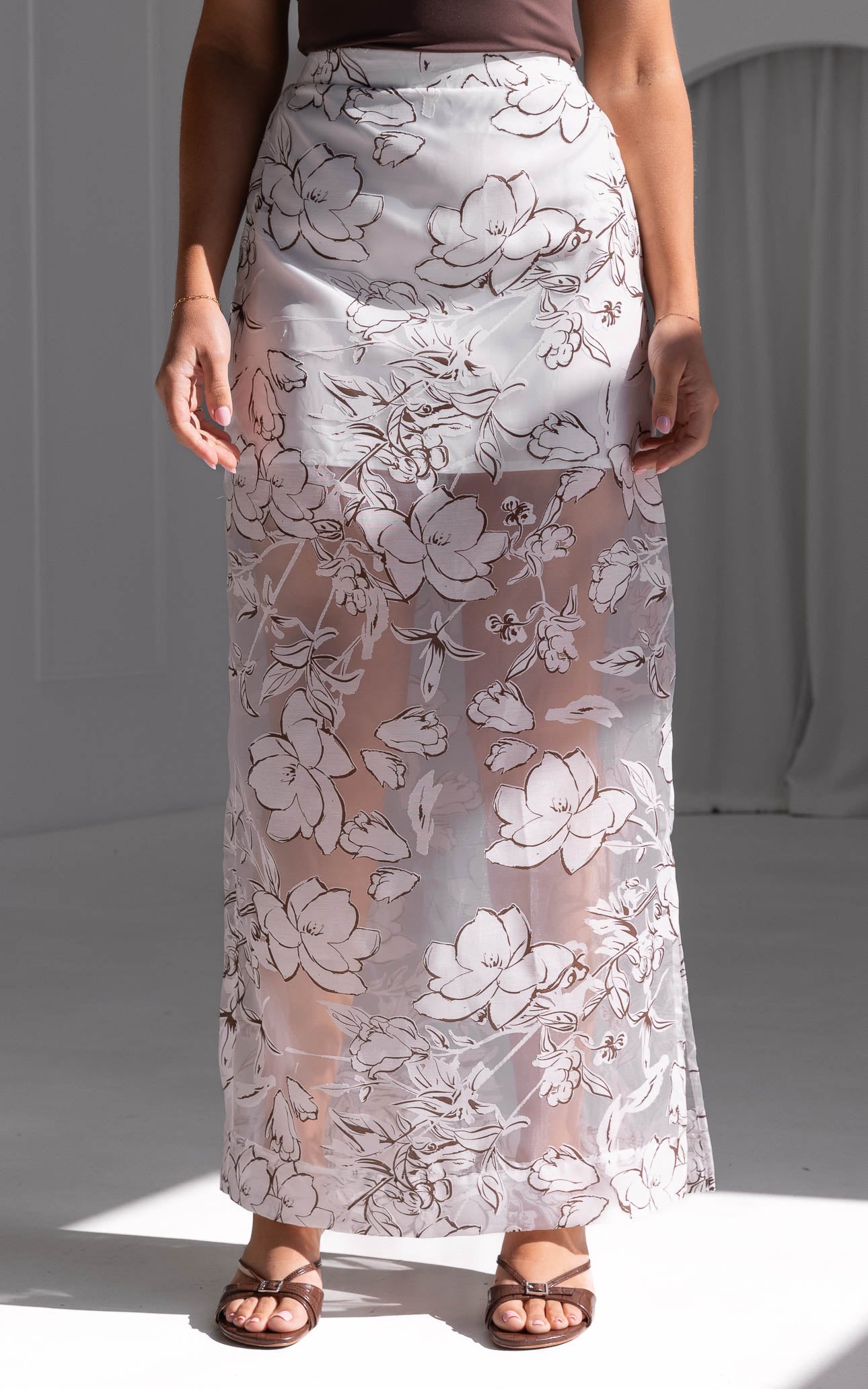 Jovi Maxi Skirt - White Brown Floral