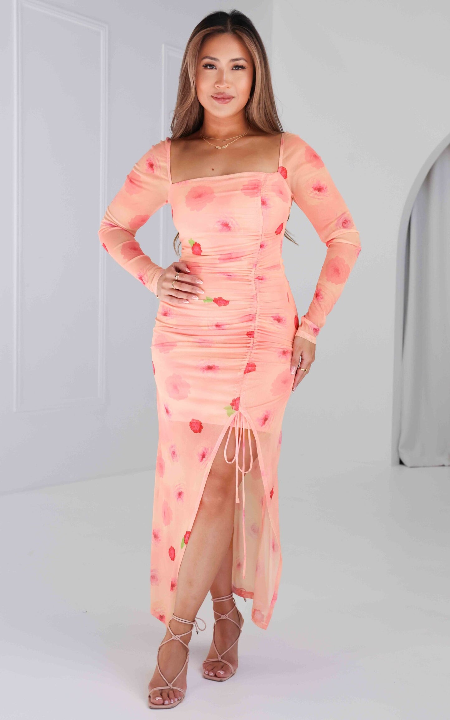 Kaisanna Mesh Maxi Dress - Peach Pink Floral