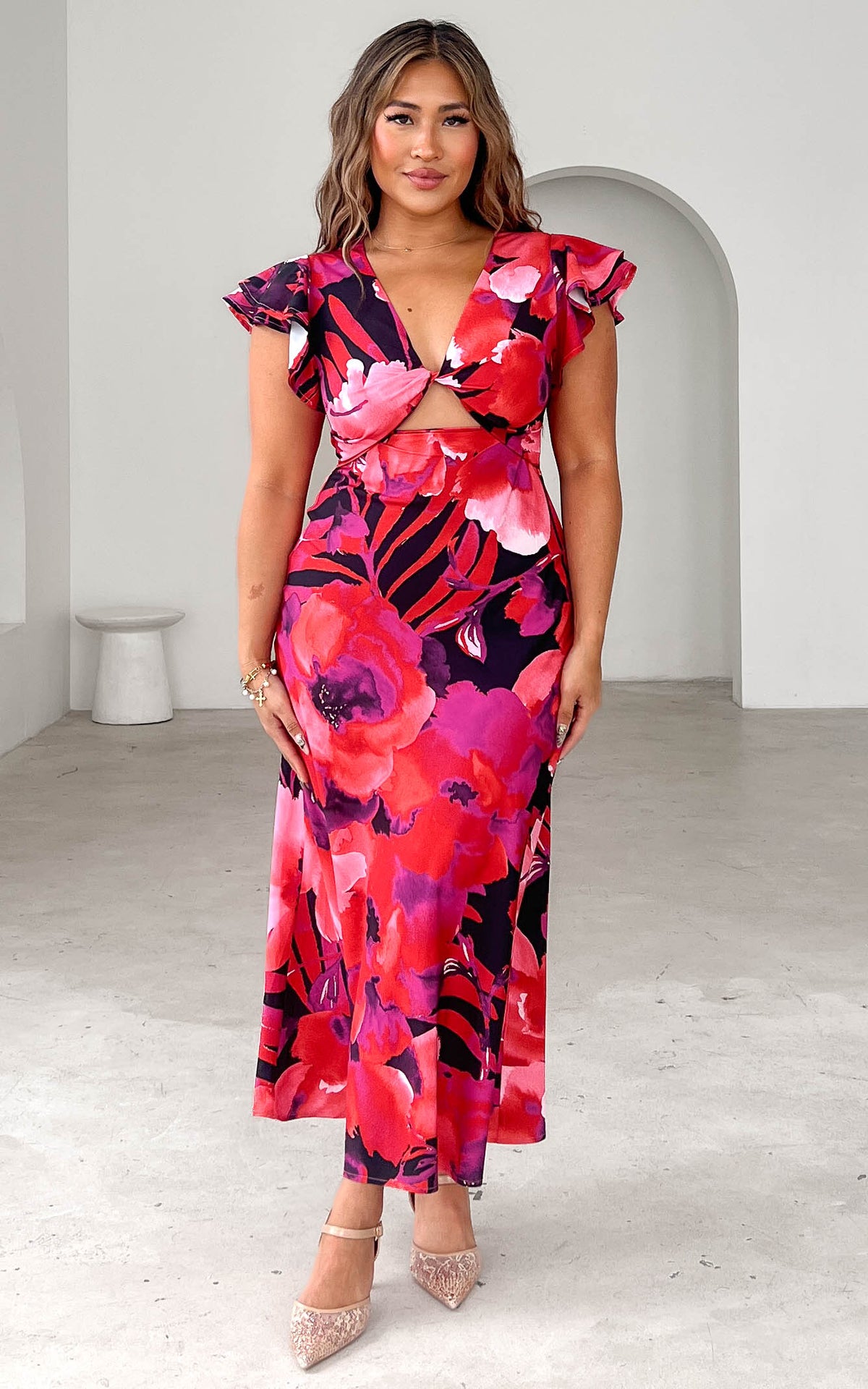 Kamala Flutter Sleeve Maxi Dress - Red Black Floral