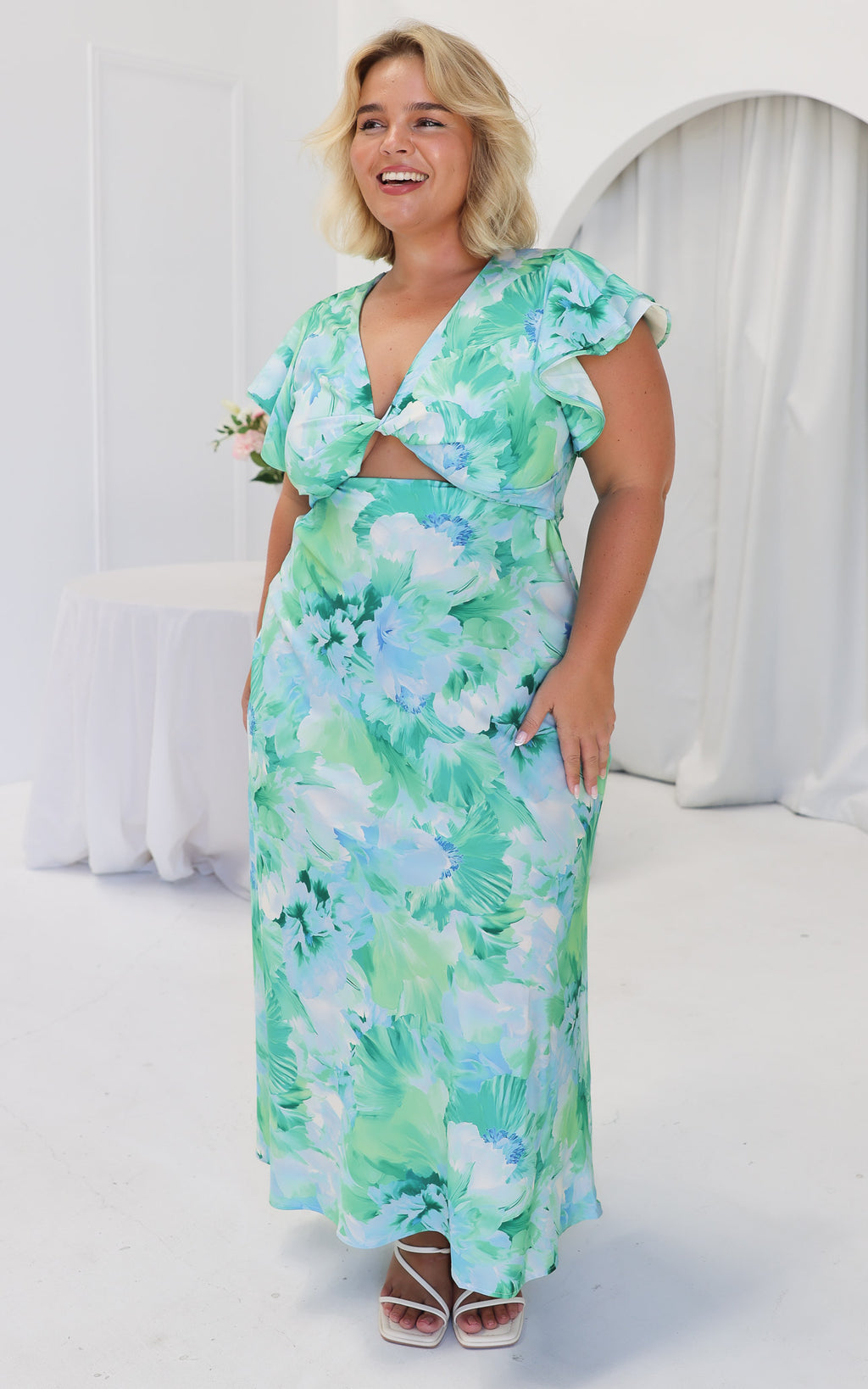 Kamala Flutter Sleeve Maxi Dress - Blue Green Floral