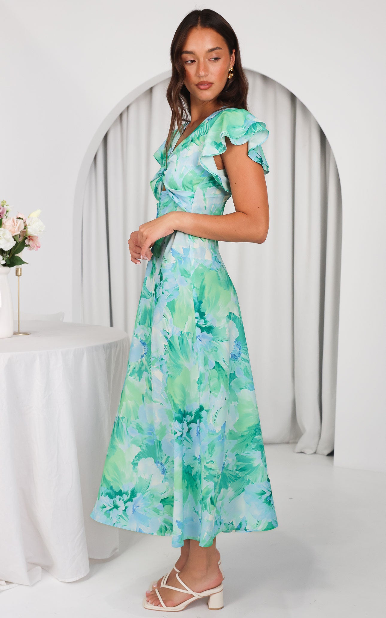 Kamala Flutter Sleeve Maxi Dress - Blue Green Floral