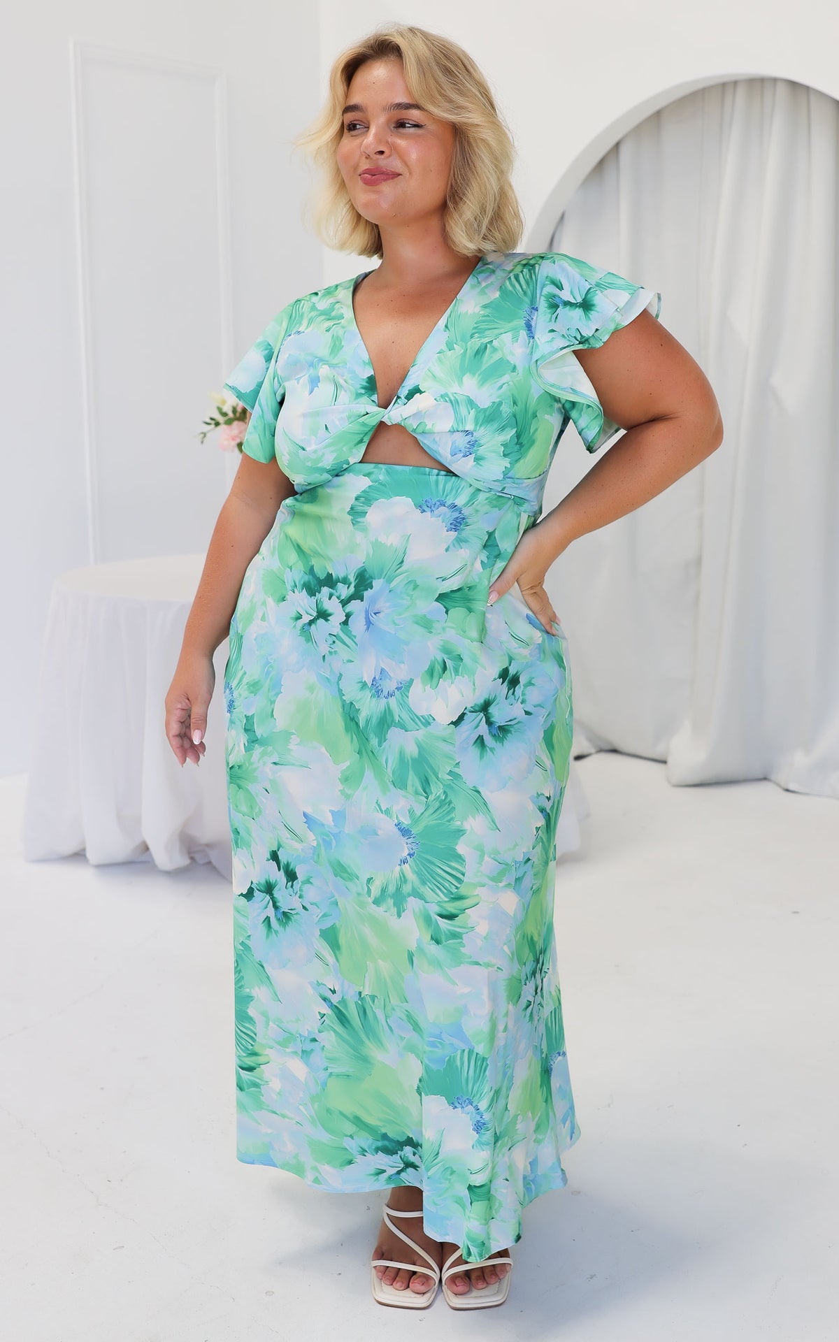 Kamala Flutter Sleeve Maxi Dress - Blue Green Floral