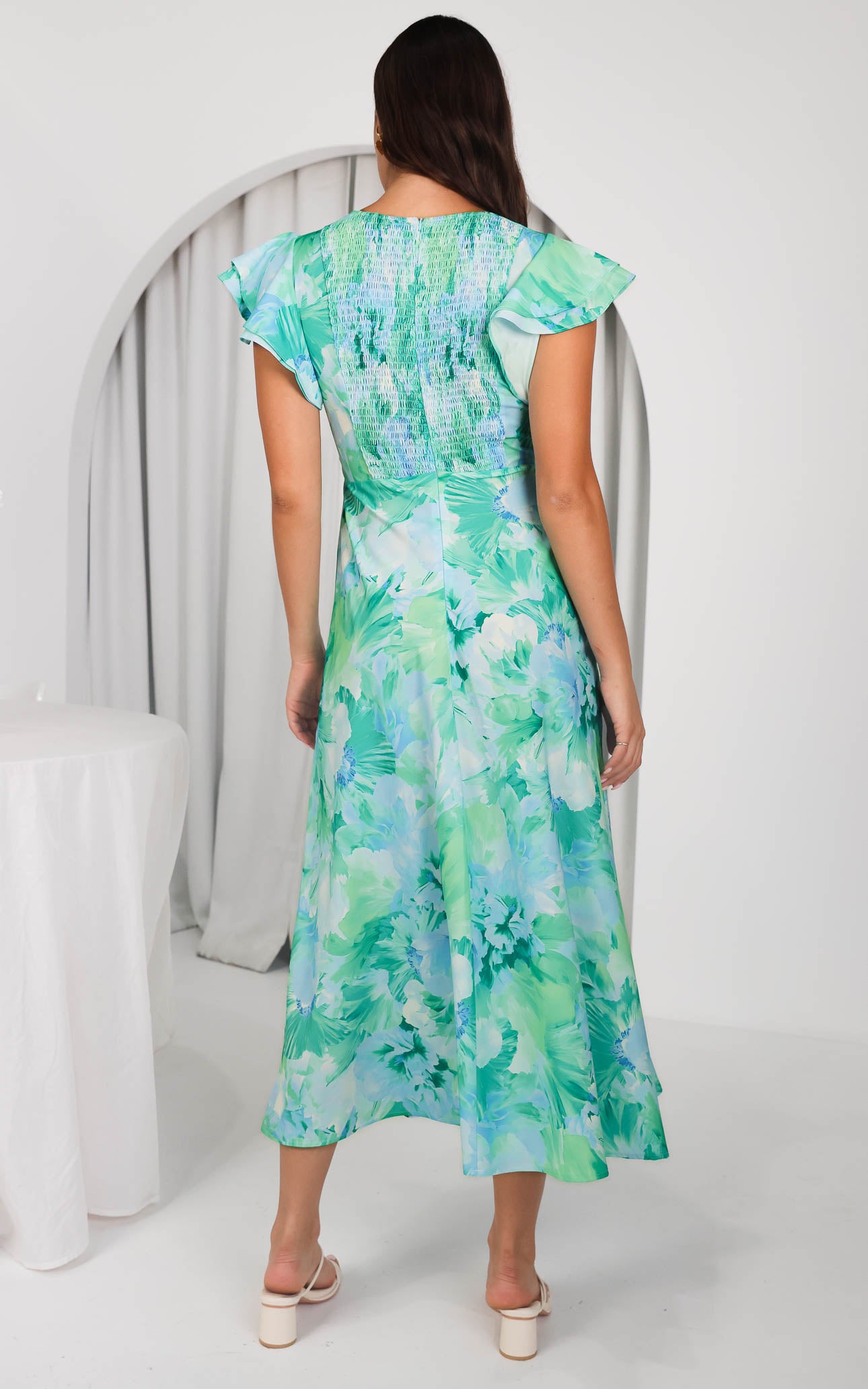 Kamala Flutter Sleeve Maxi Dress - Blue Green Floral