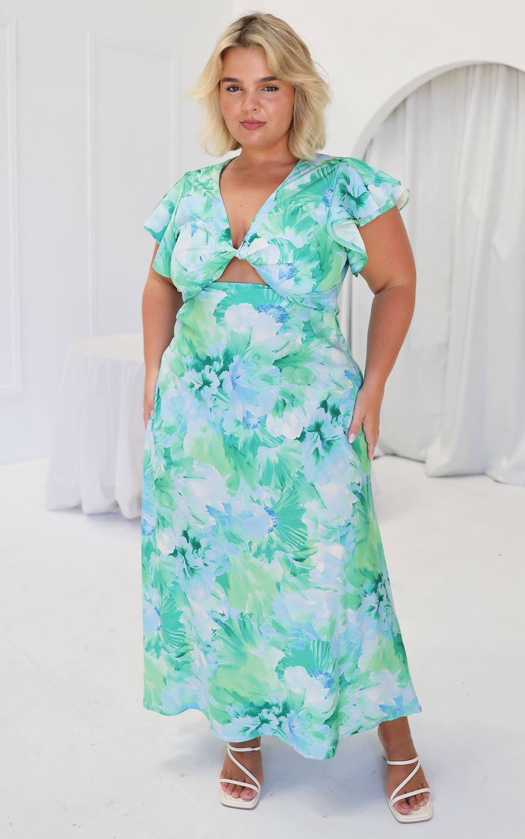 Kamala Flutter Sleeve Maxi Dress - Blue Green Floral