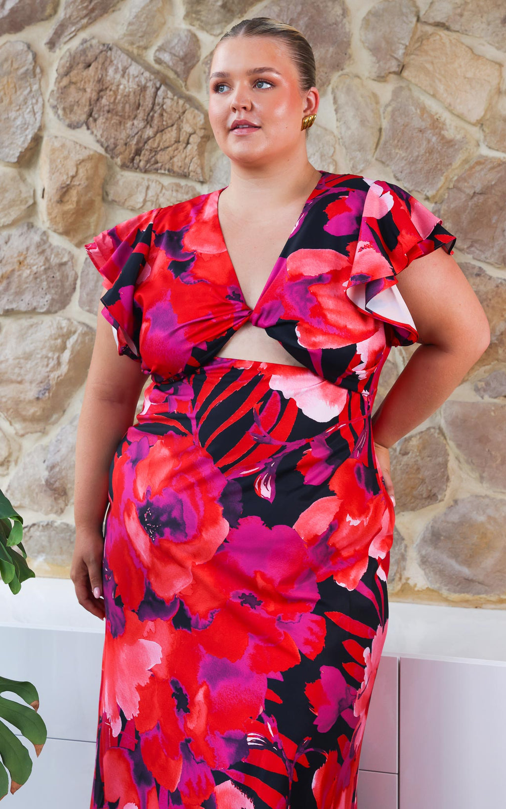Kamala Flutter Sleeve Maxi Dress - Red Black Floral