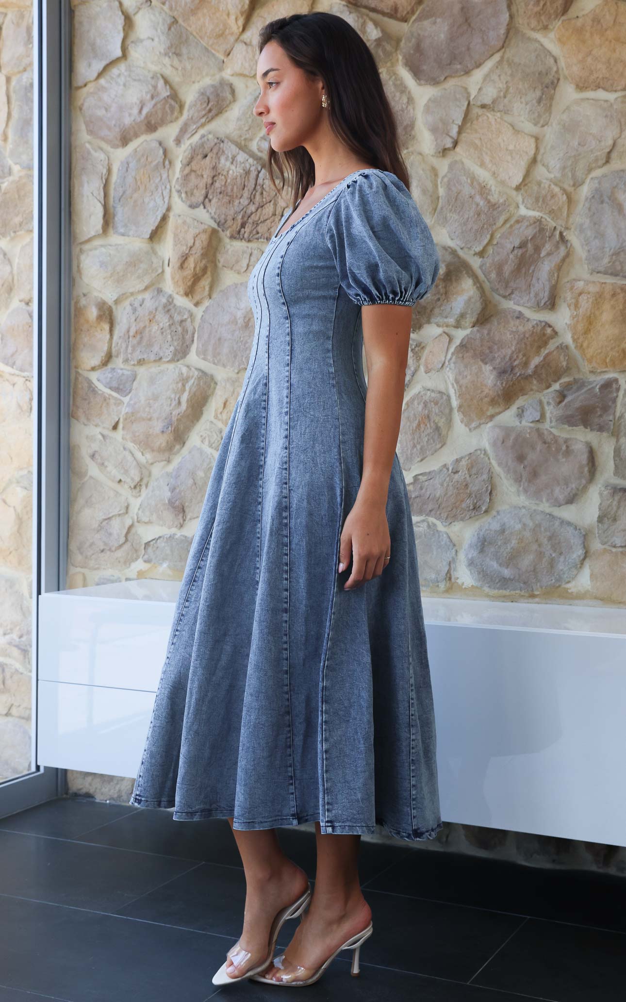 Kartford Puff Sleeve Denim Maxi Dress - Blue