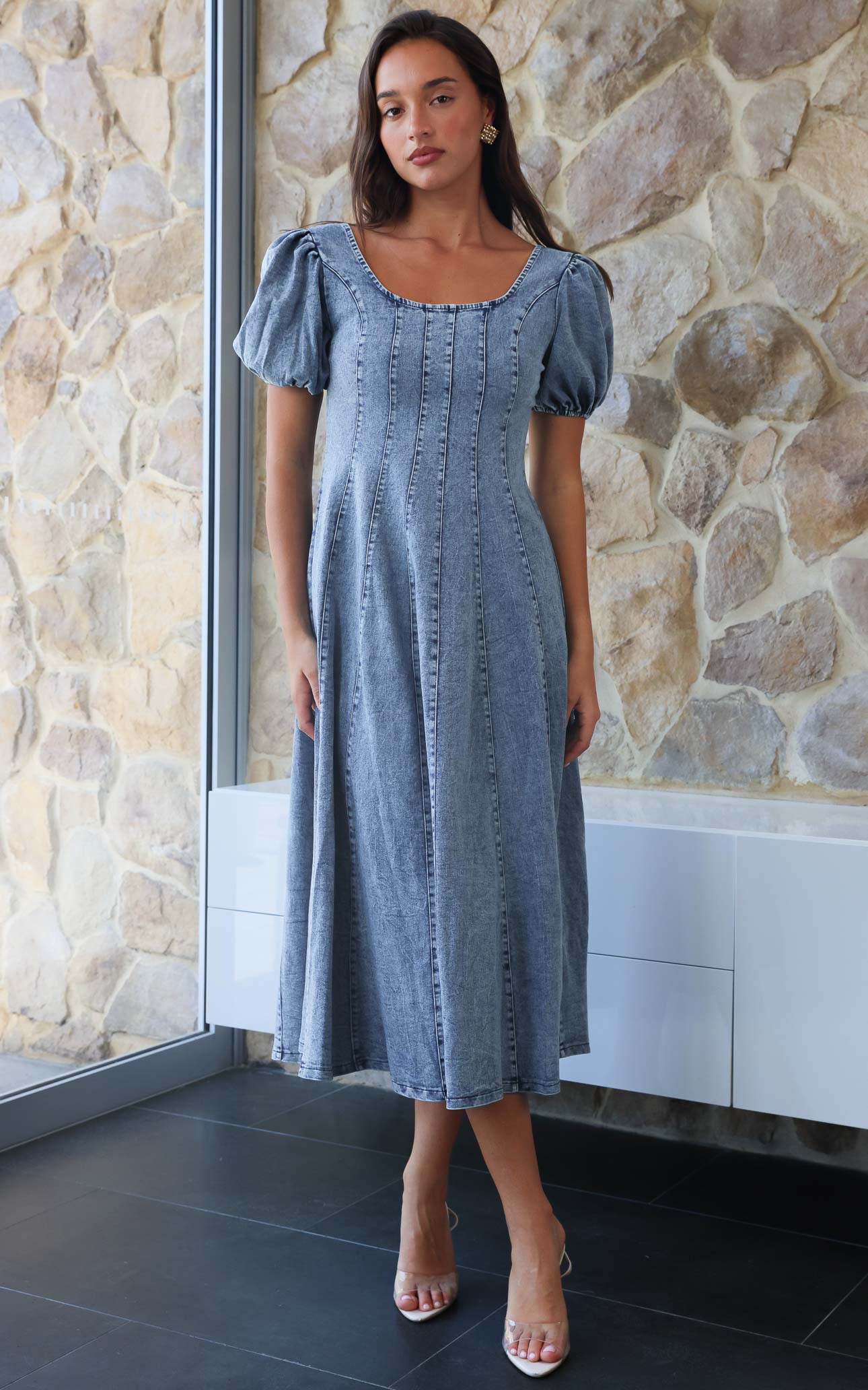 Kartford Puff Sleeve Denim Maxi Dress - Blue