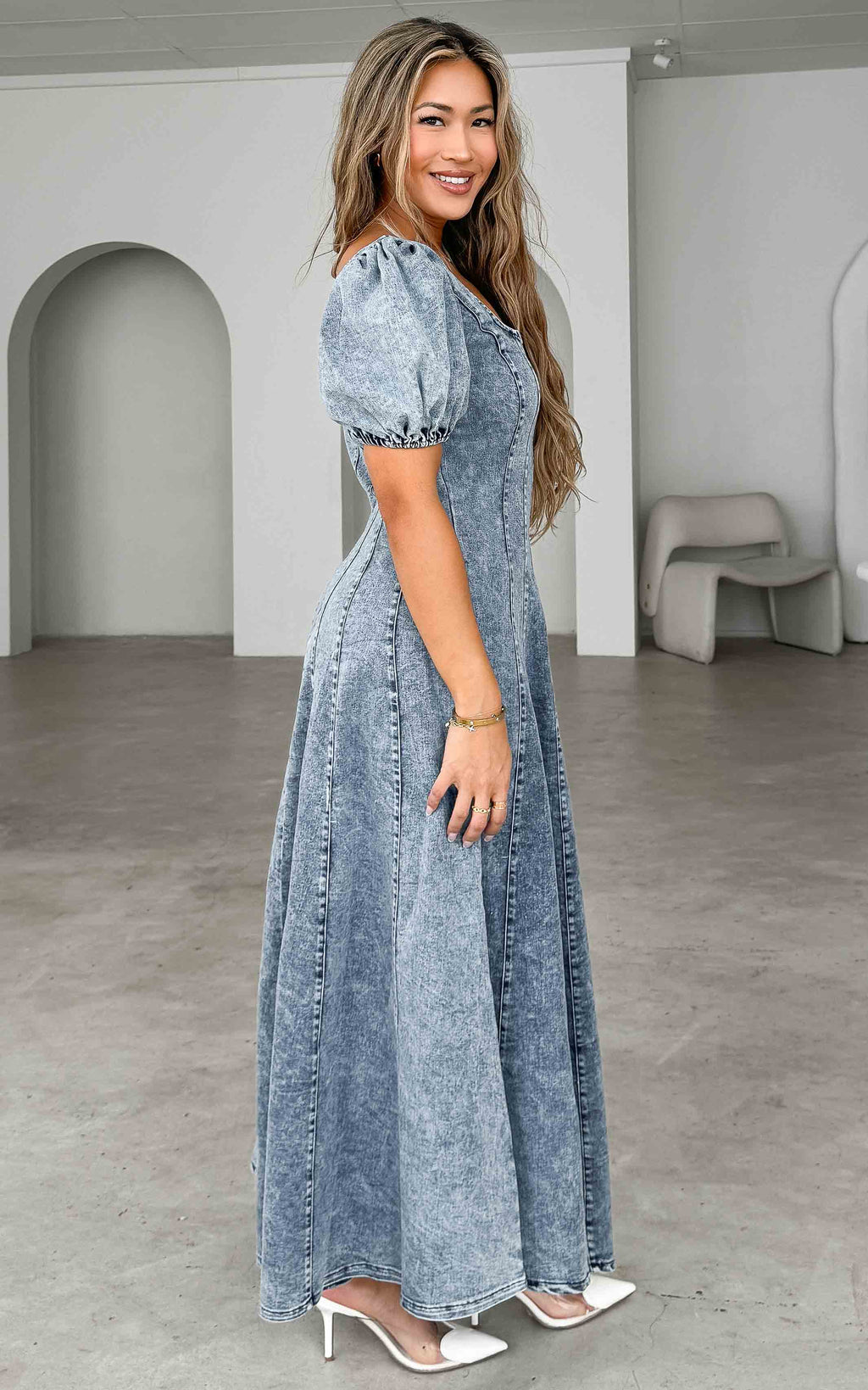 Kartford Puff Sleeve Denim Maxi Dress - Blue