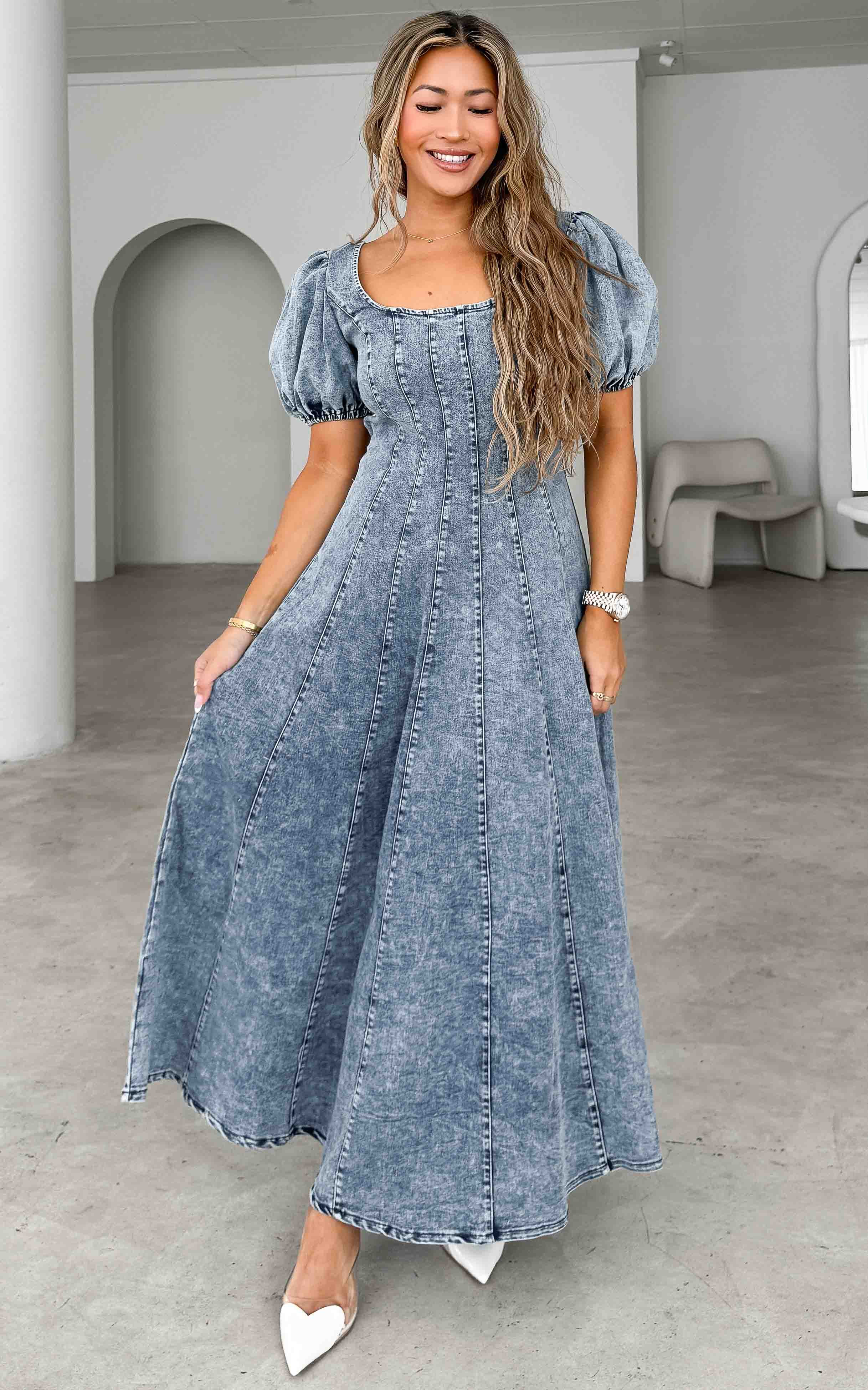 Kartford Puff Sleeve Denim Maxi Dress - Blue