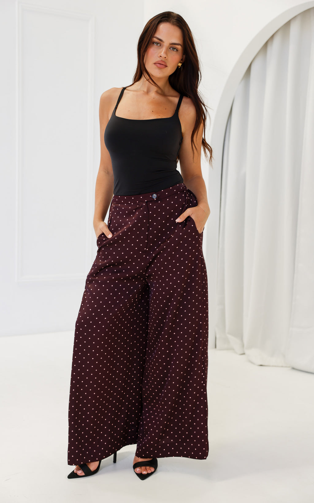 Saffron Wide Leg Pants - Wine Mahogany Spots
