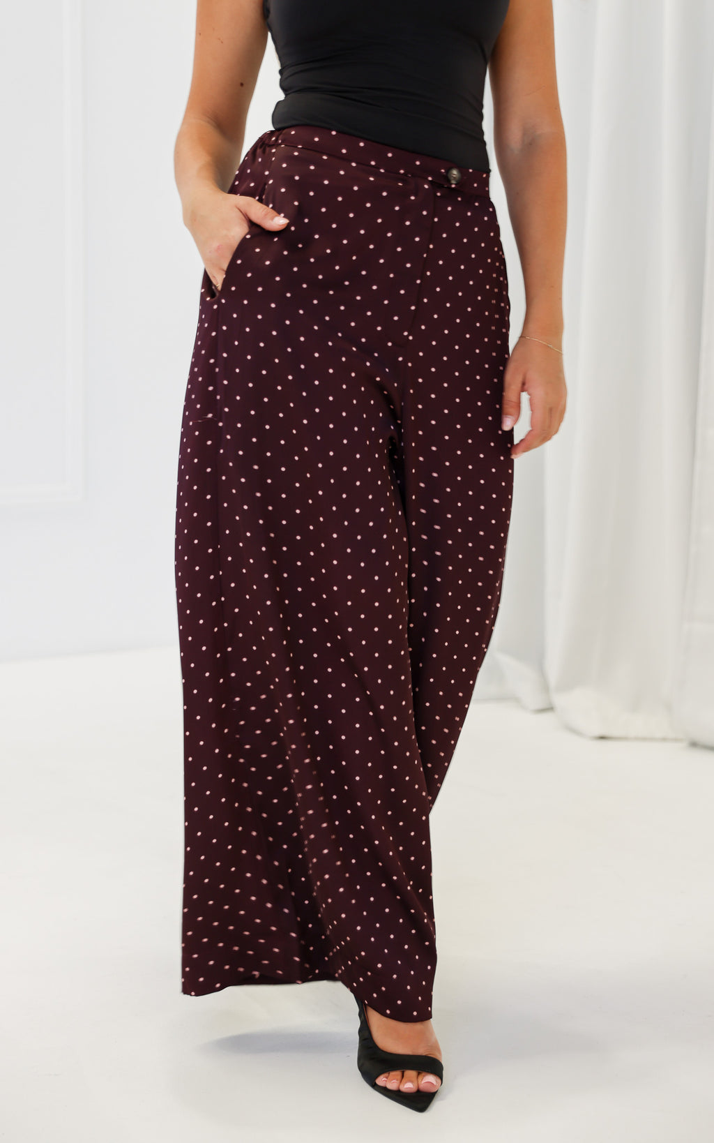 Saffron Wide Leg Pants - Wine Mahogany Spots