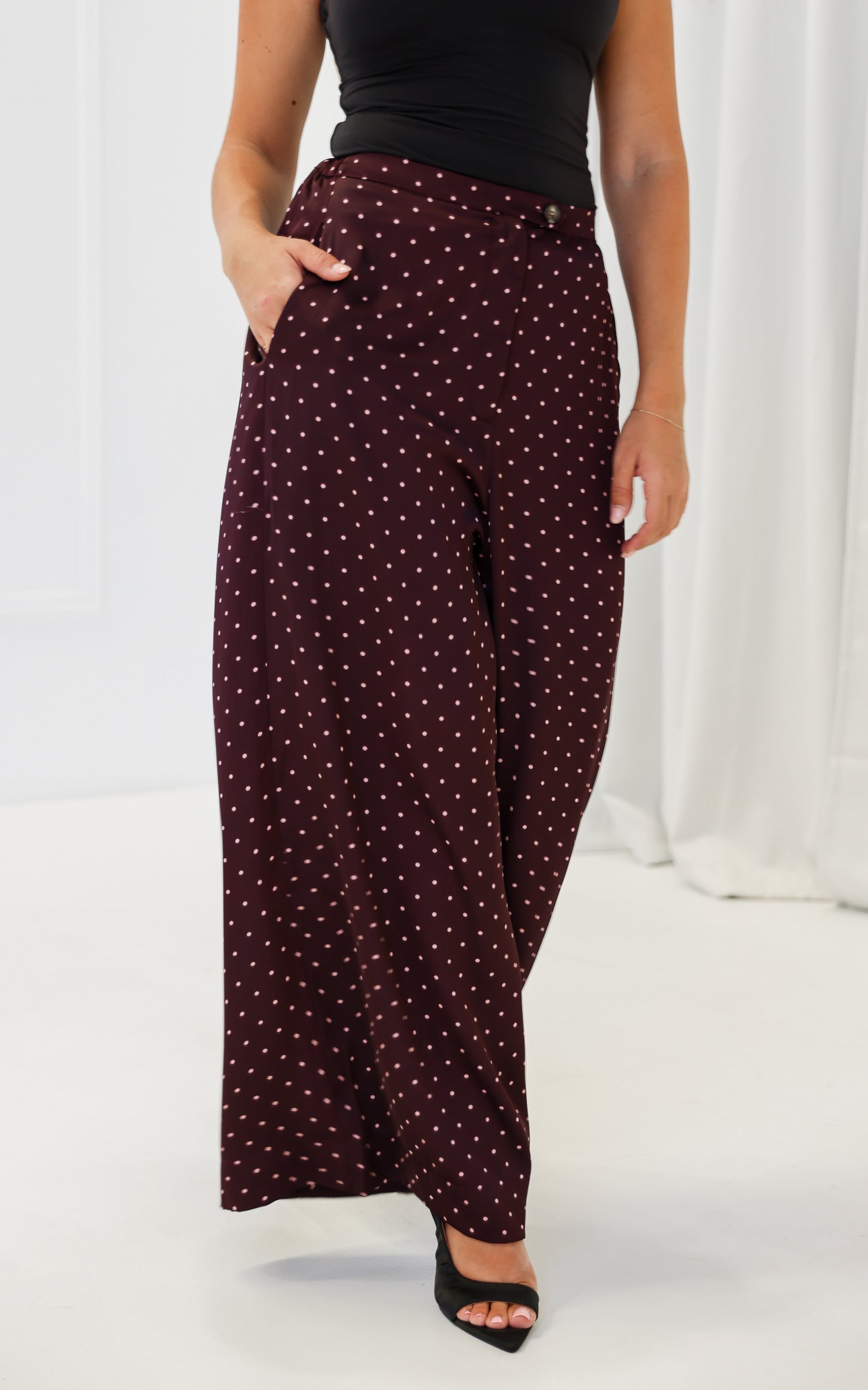 Saffron Wide Leg Pants - Wine Mahogany Spots