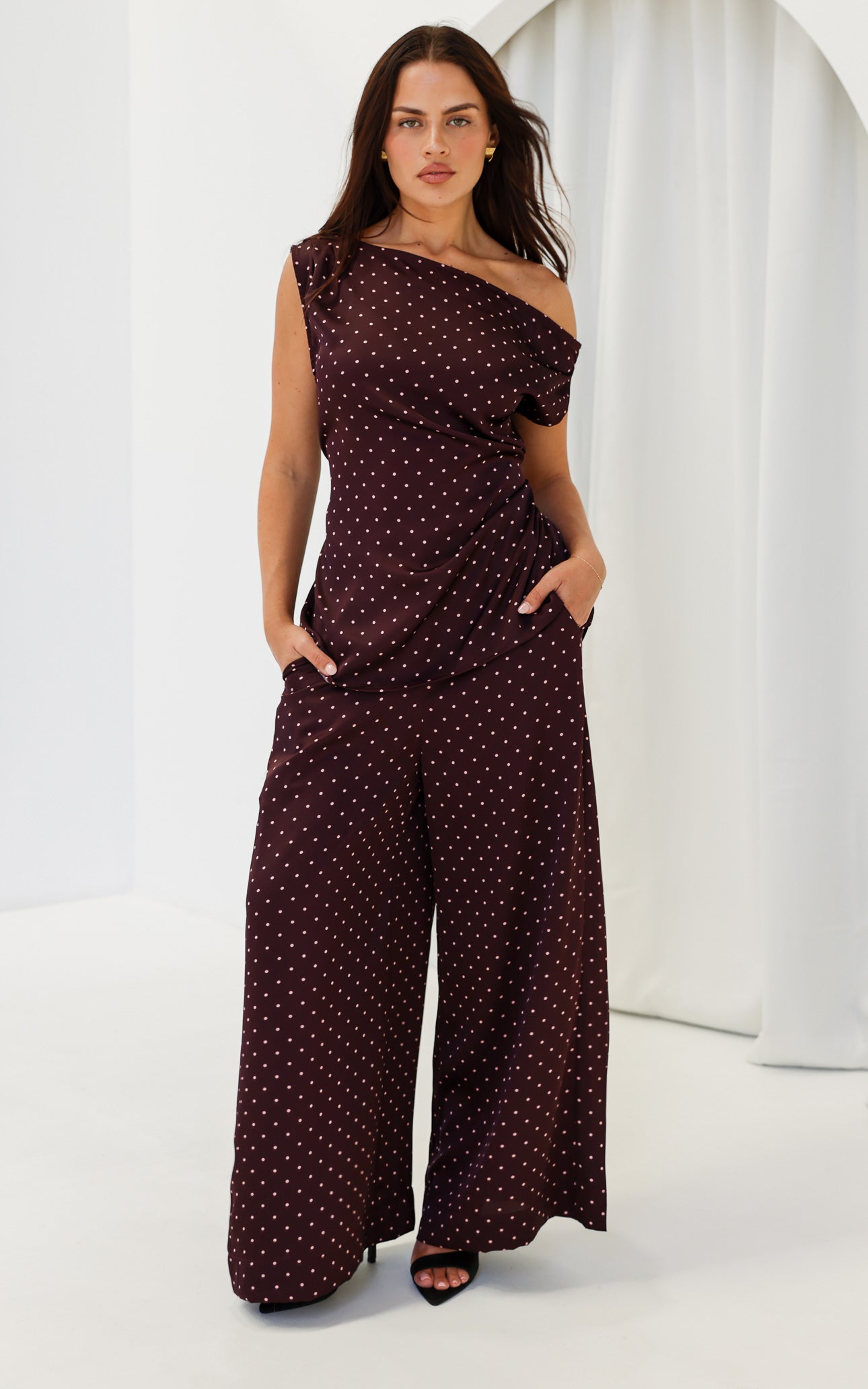 Saffron Wide Leg Pants - Wine Mahogany Spots