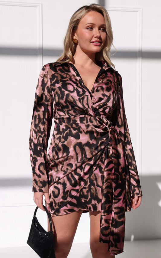 Kaya Mini Dress - Pink Abstract Leopard Print
