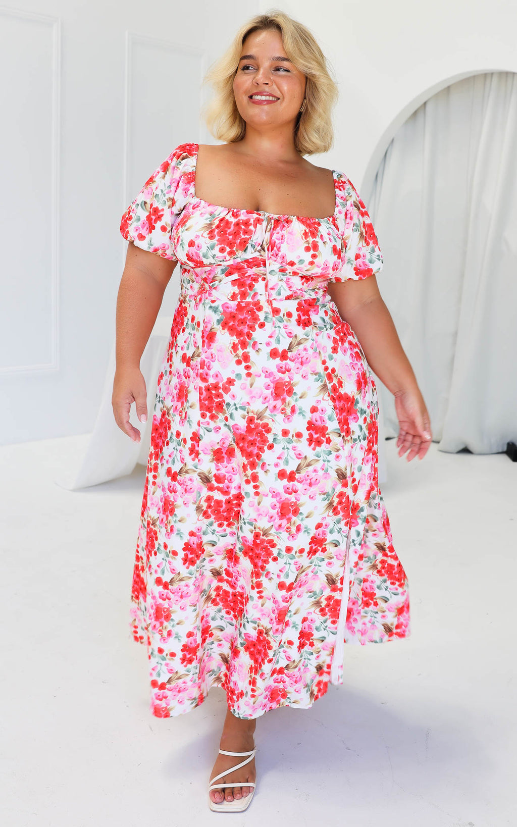 Kiaya Midi Dress - Red Pink Floral