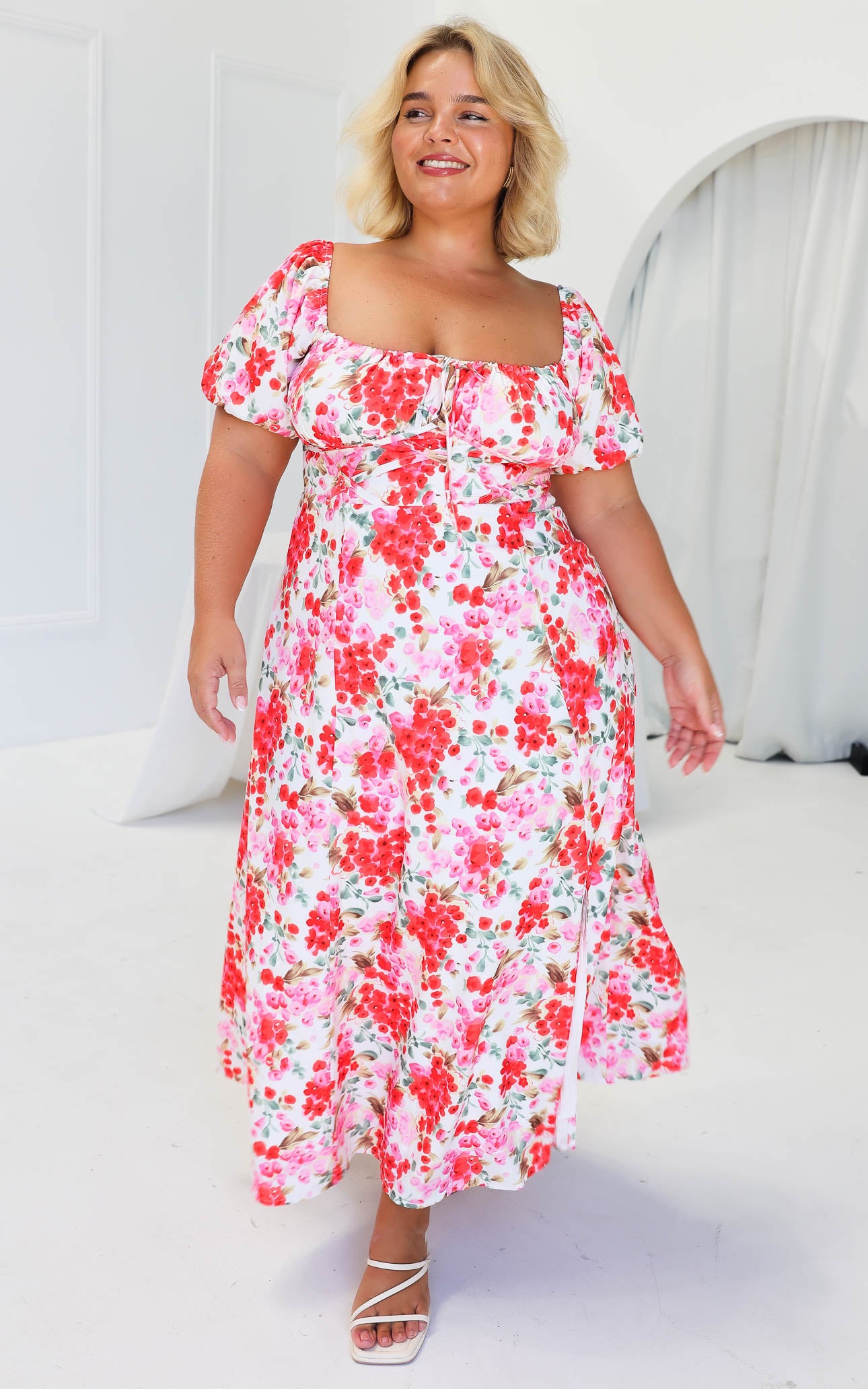 Kiaya Midi Dress - Red Pink Floral