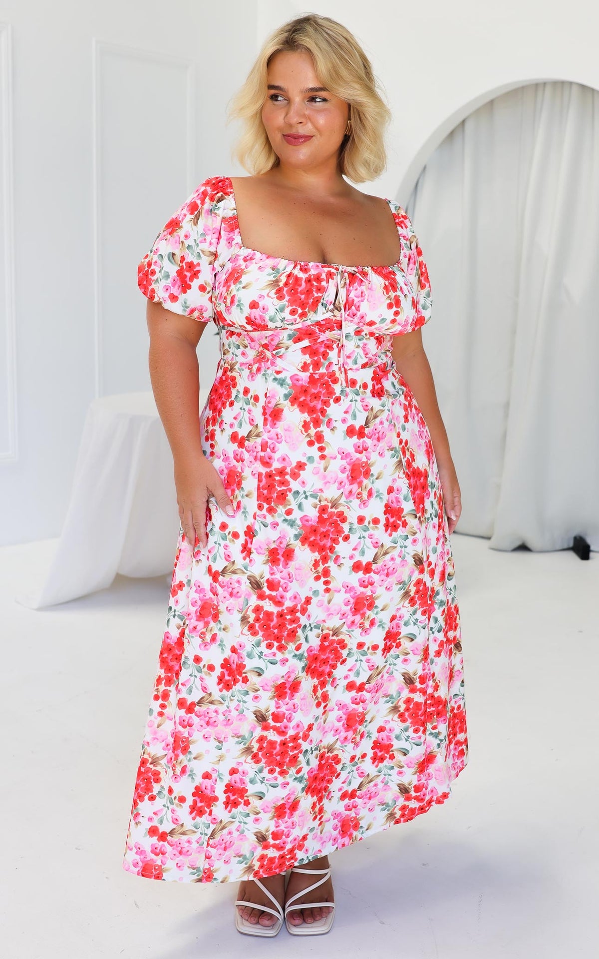 Kiaya Midi Dress - Red Pink Floral