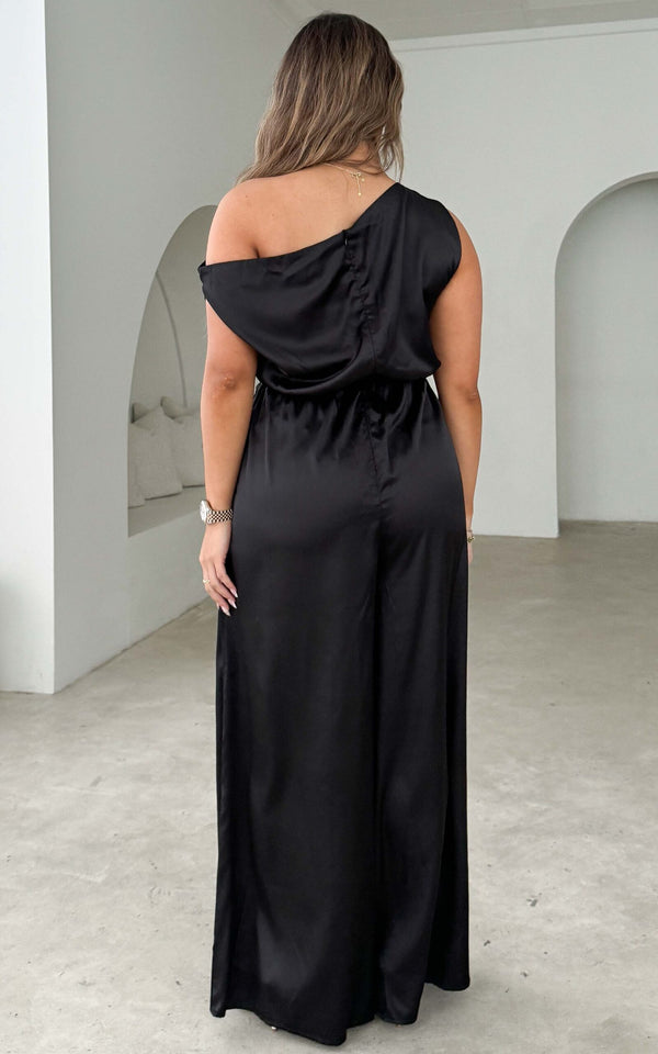 Asymmetrical Neck Drop Shoulder Wide Leg Jumpsuit.