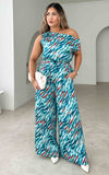 Kendrix Wide Leg Jumpsuit - Teal Blue Print