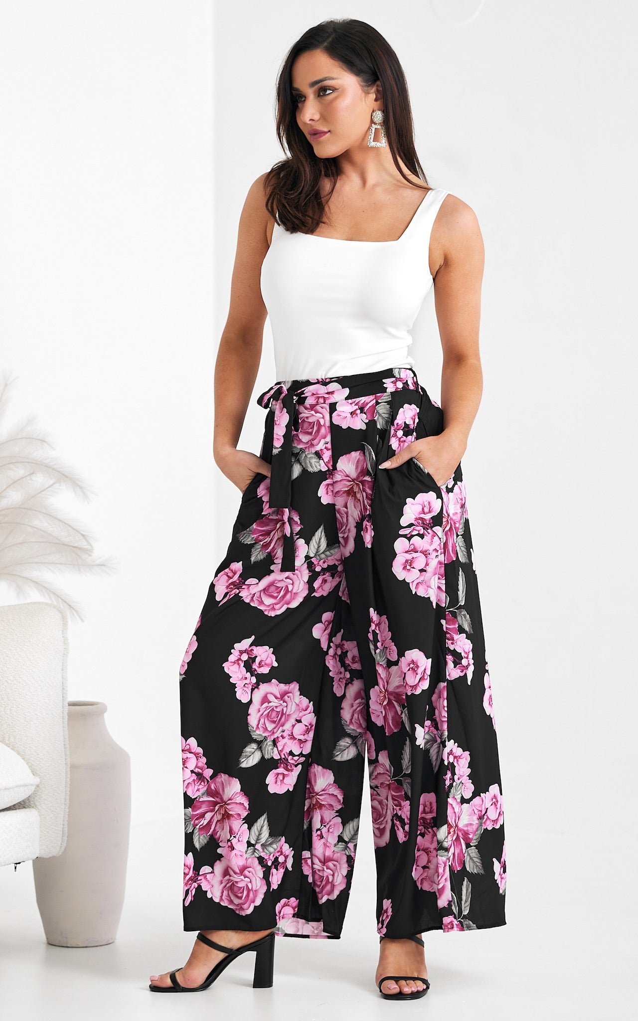 Paradise Lily Wide Leg Pants - Pink Black Floral