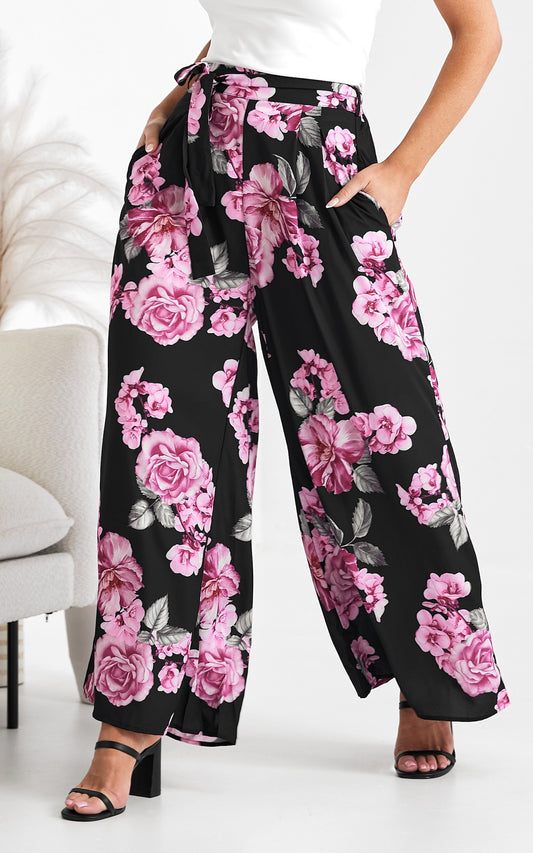 Paradise Lily Wide Leg Pants - Pink Black Floral