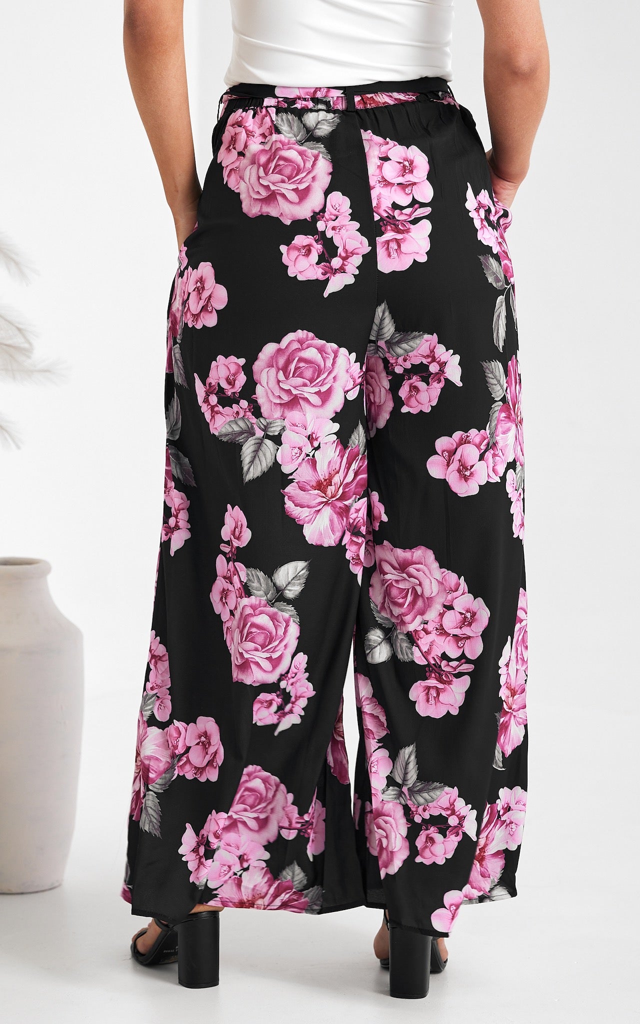 Paradise Lily Wide Leg Pants - Pink Black Floral