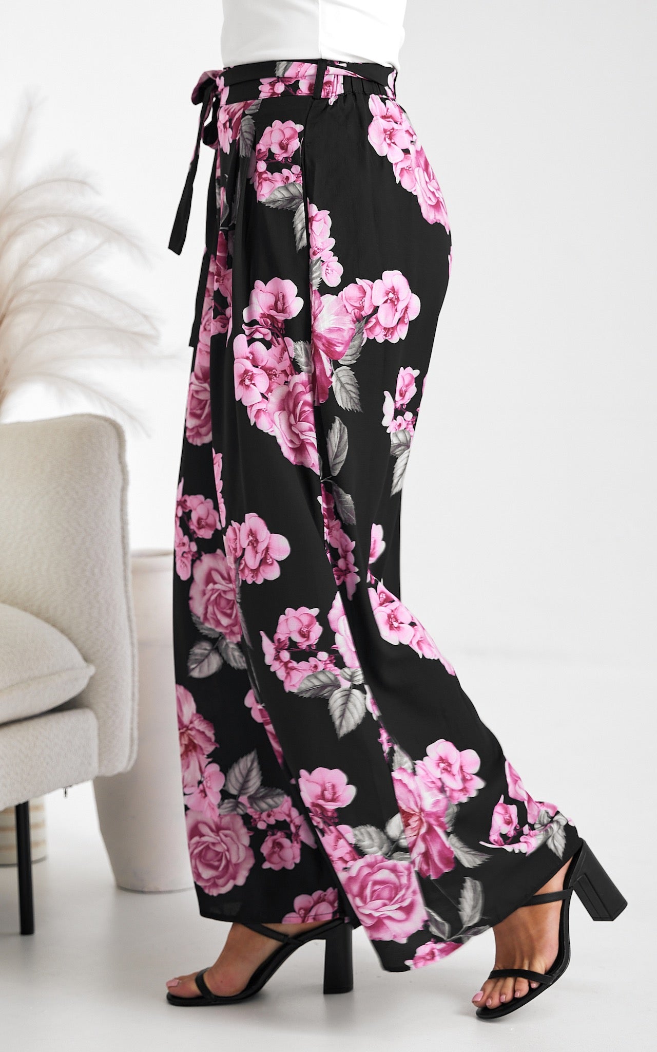 Paradise Lily Wide Leg Pants - Pink Black Floral