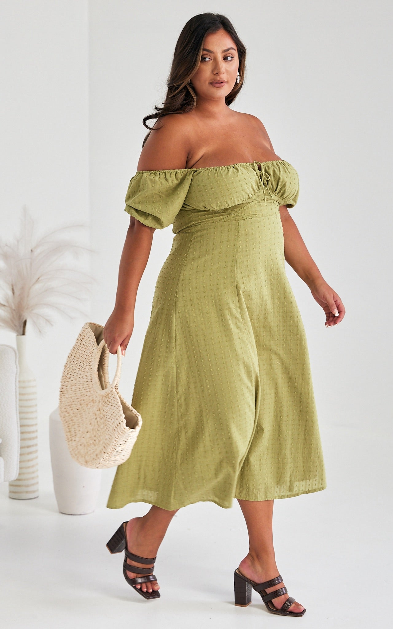 Kiaya Midi Dress - Olive Green Texture