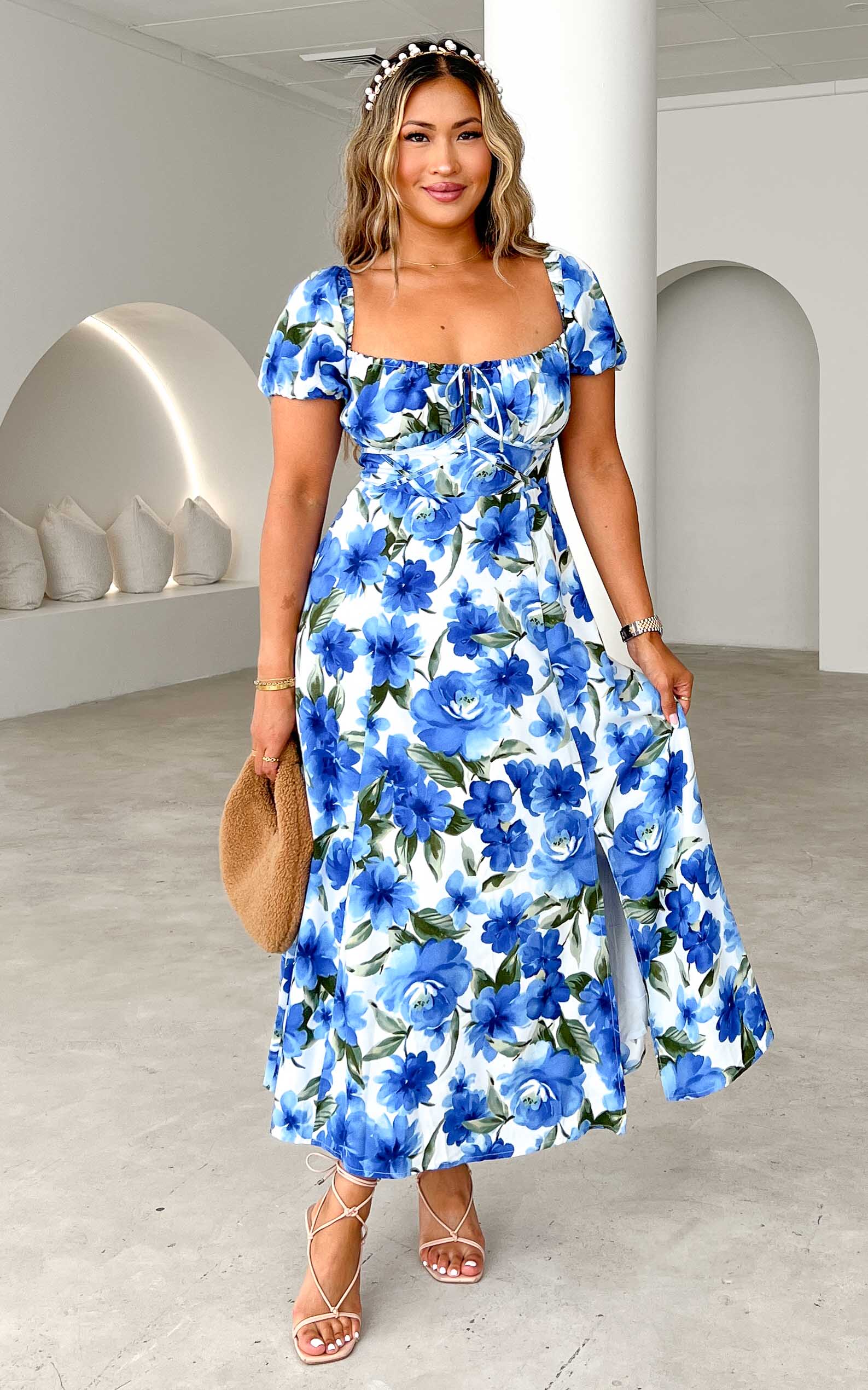 KIAYA TIE UP FRONT NECKLINE PUFF SLEEVE WAIST SEAM DETAIL SPLIT MIDI DRESS 