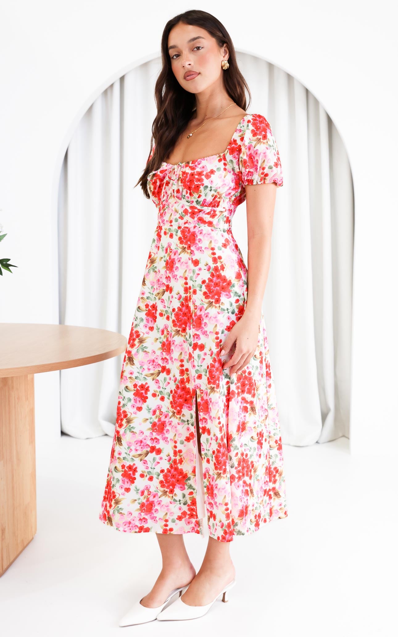 Kiaya Midi Dress - Red Pink Floral