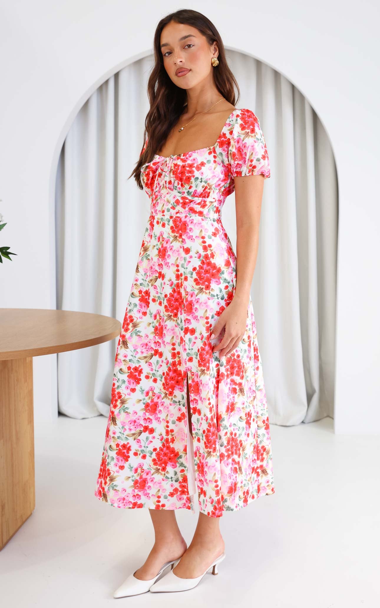 Kiaya Midi Dress - Red Pink Floral