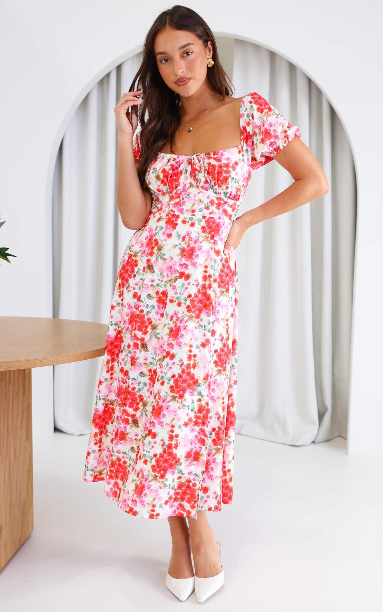 Kiaya Midi Dress - Red Pink Floral