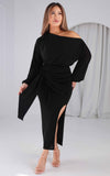 Kobe Long Sleeve Midi Dress - Black Sheen
