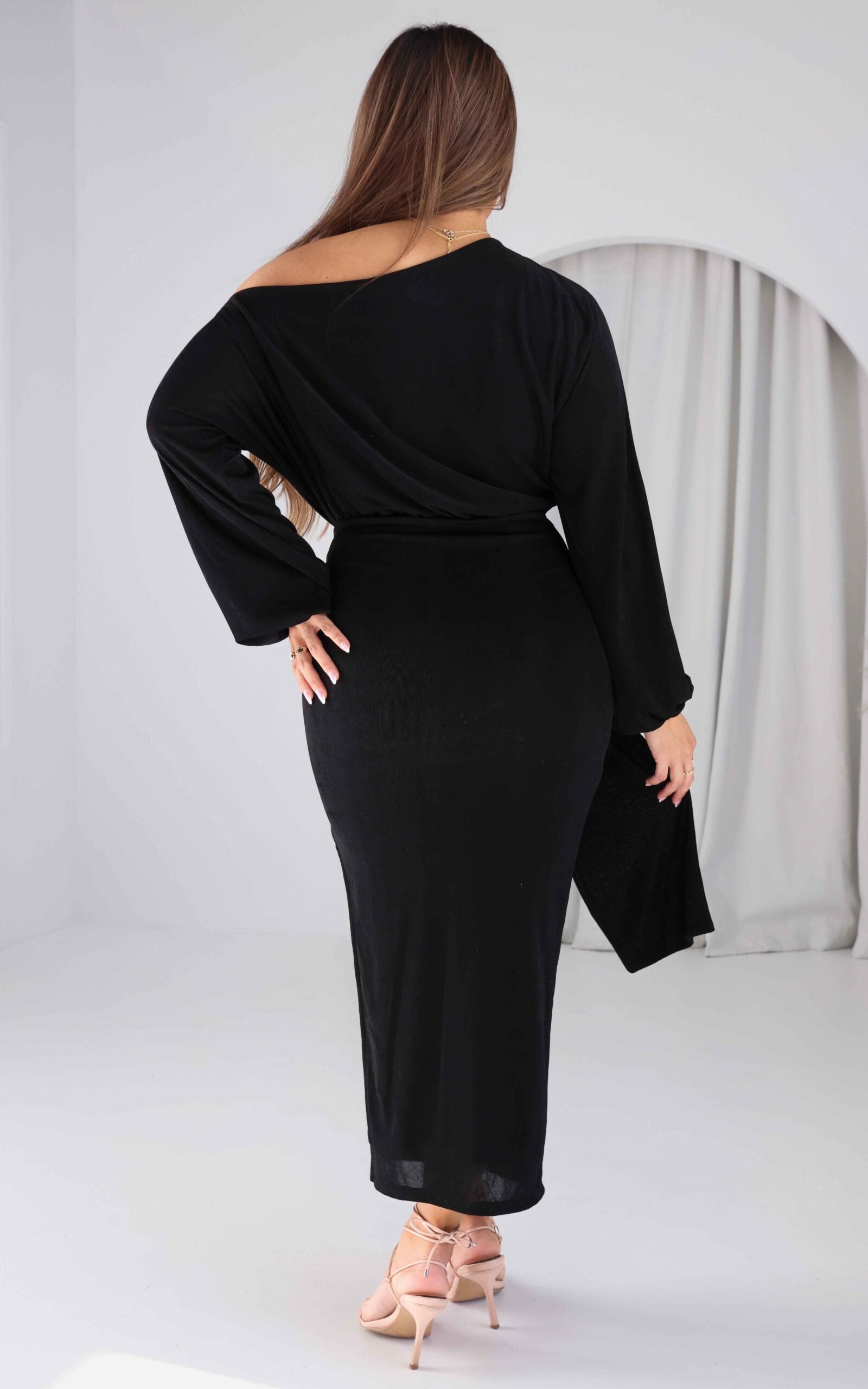 Kobe Long Sleeve Midi Dress - Black Sheen