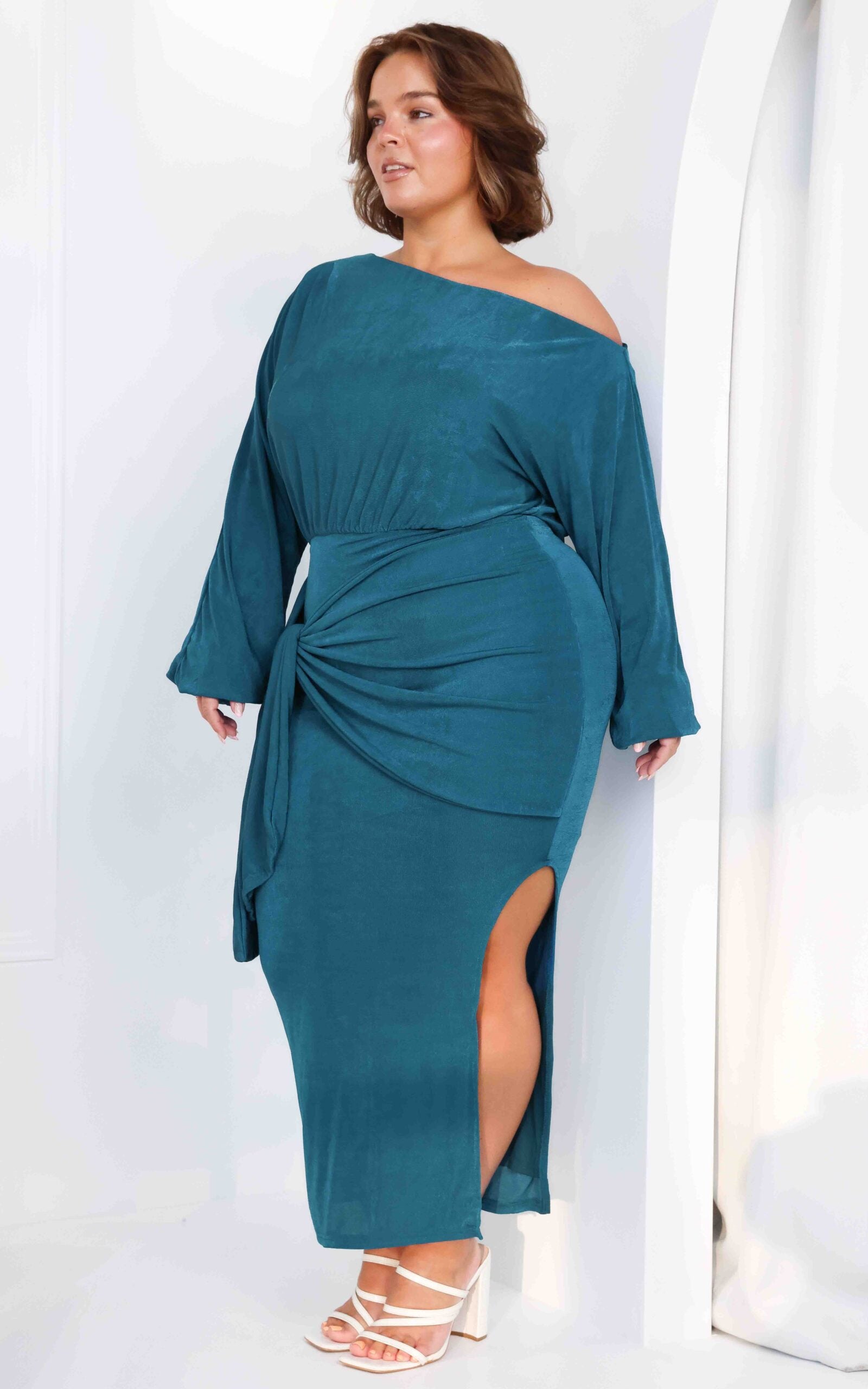 Kobe Long Sleeve Midi Dress - Teal Blue Sheen