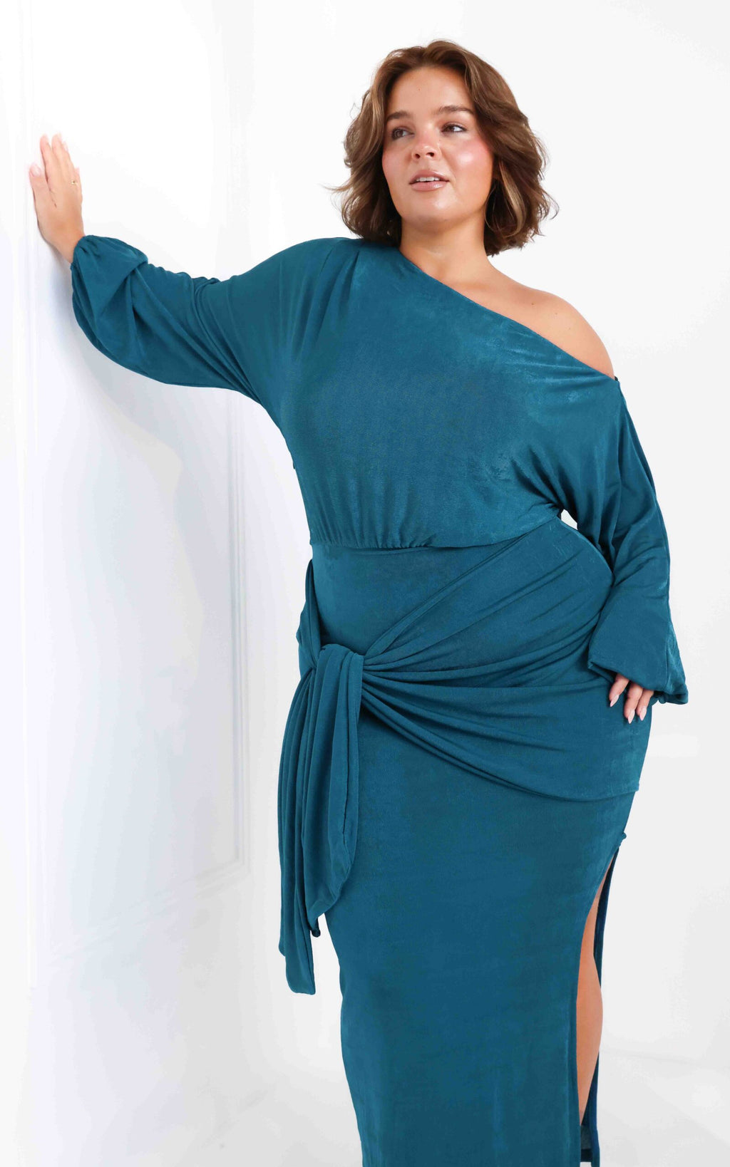 Kobe Long Sleeve Midi Dress - Teal Blue Sheen