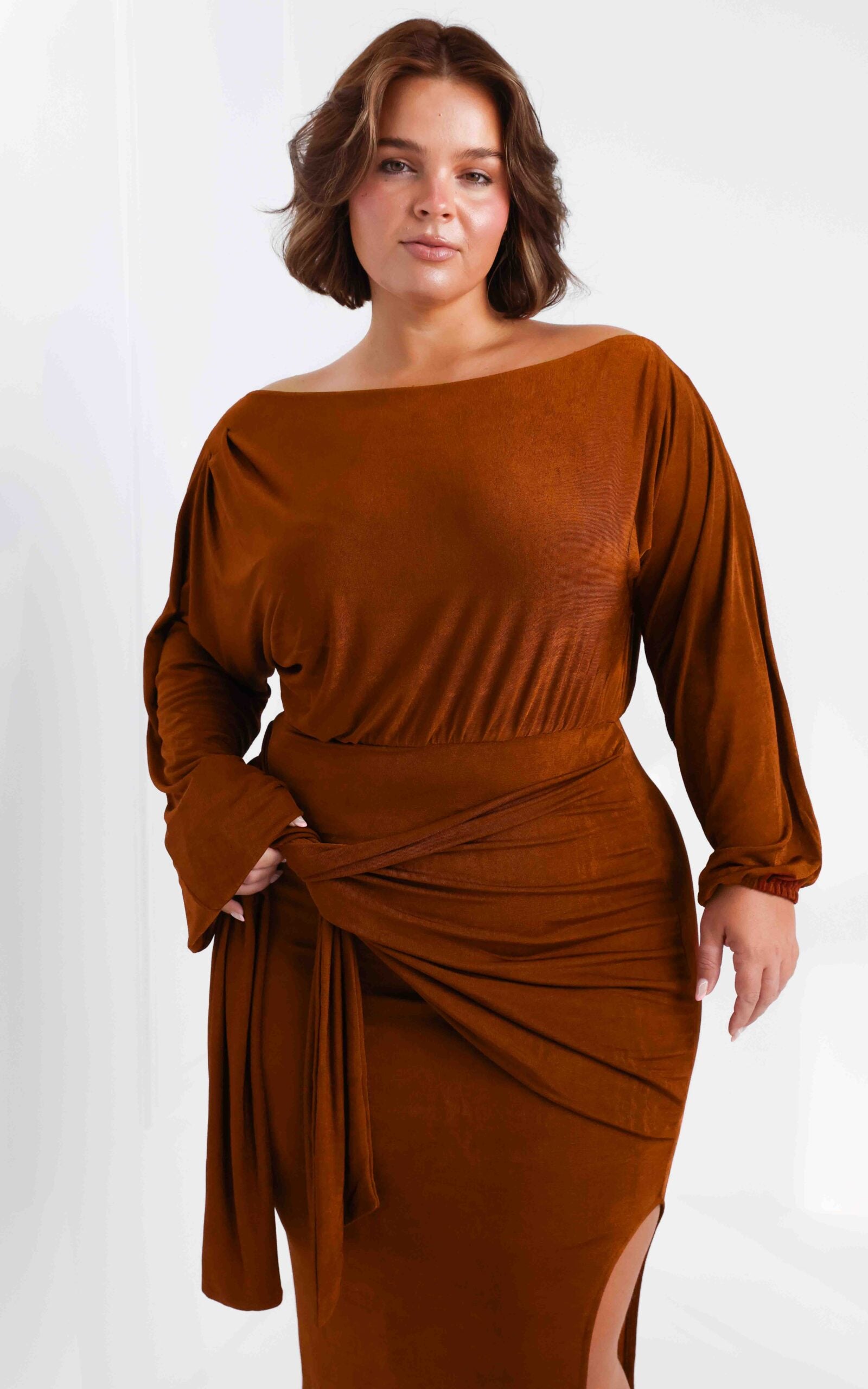 Kobe Long Sleeve Midi Dress - Rust Sheen