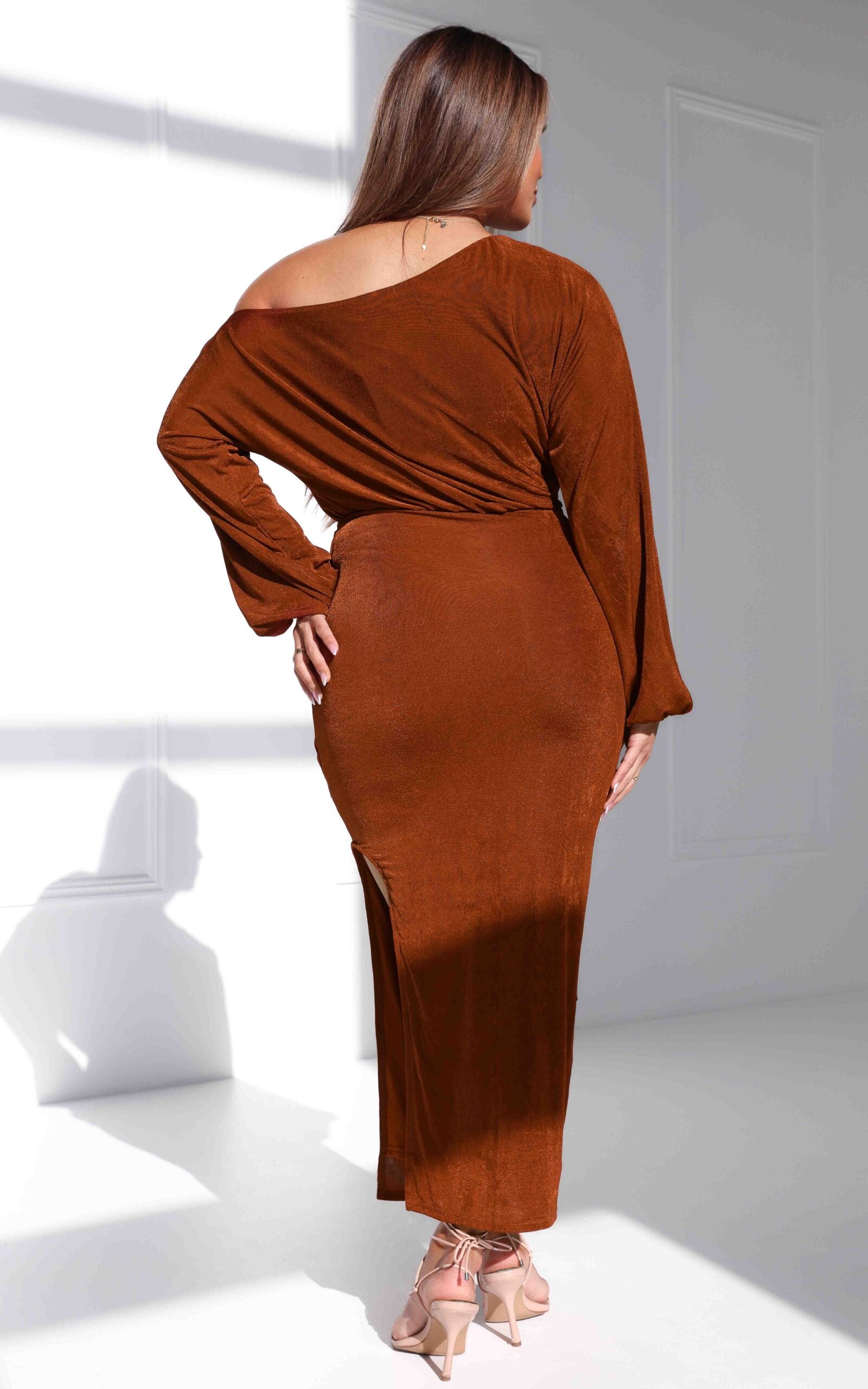 Kobe Long Sleeve Midi Dress - Rust Sheen