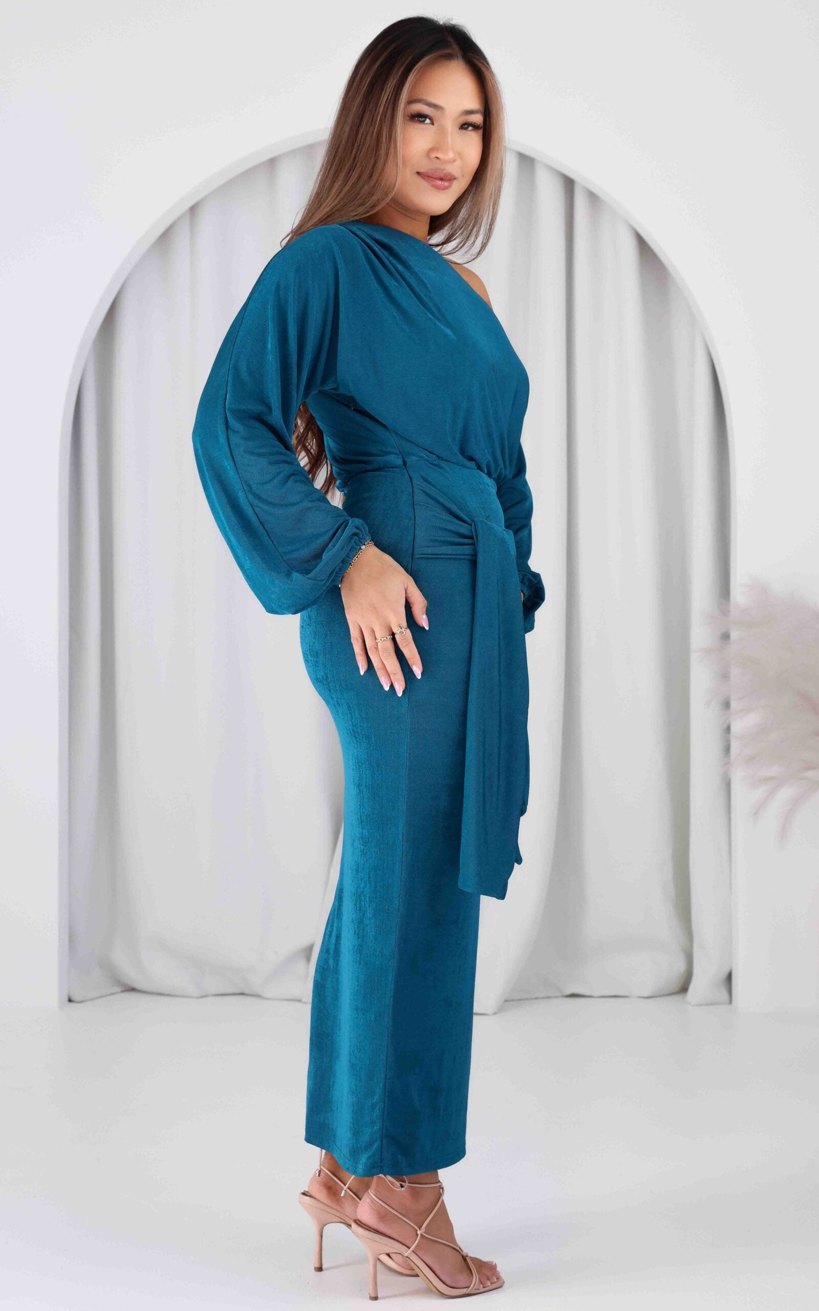 Kobe Long Sleeve Midi Dress - Teal Blue Sheen
