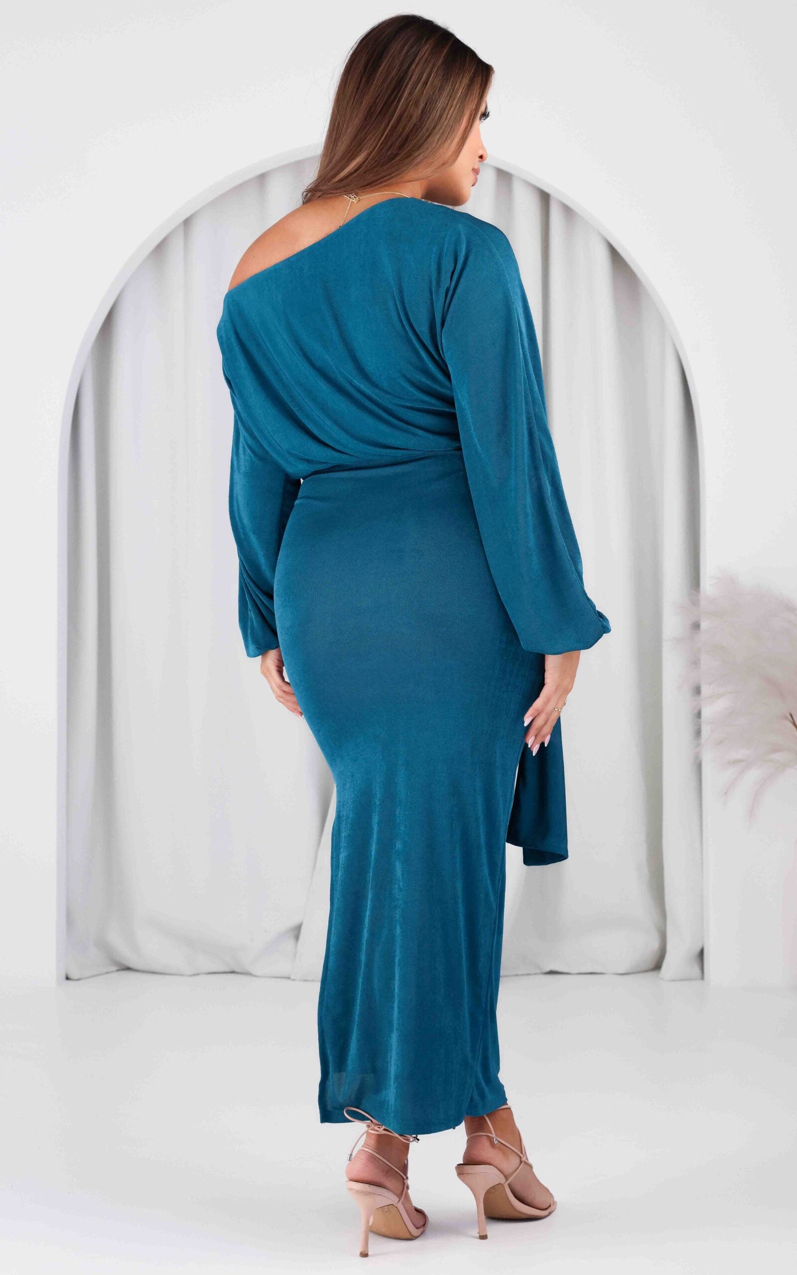 Kobe Long Sleeve Midi Dress - Teal Blue Sheen