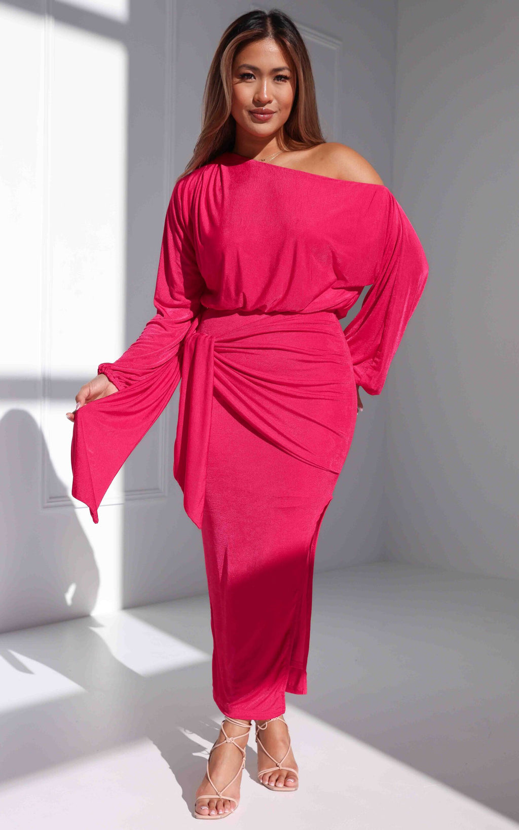 Kobe Long Sleeve Midi Dress - Watermelon Pink Sheen