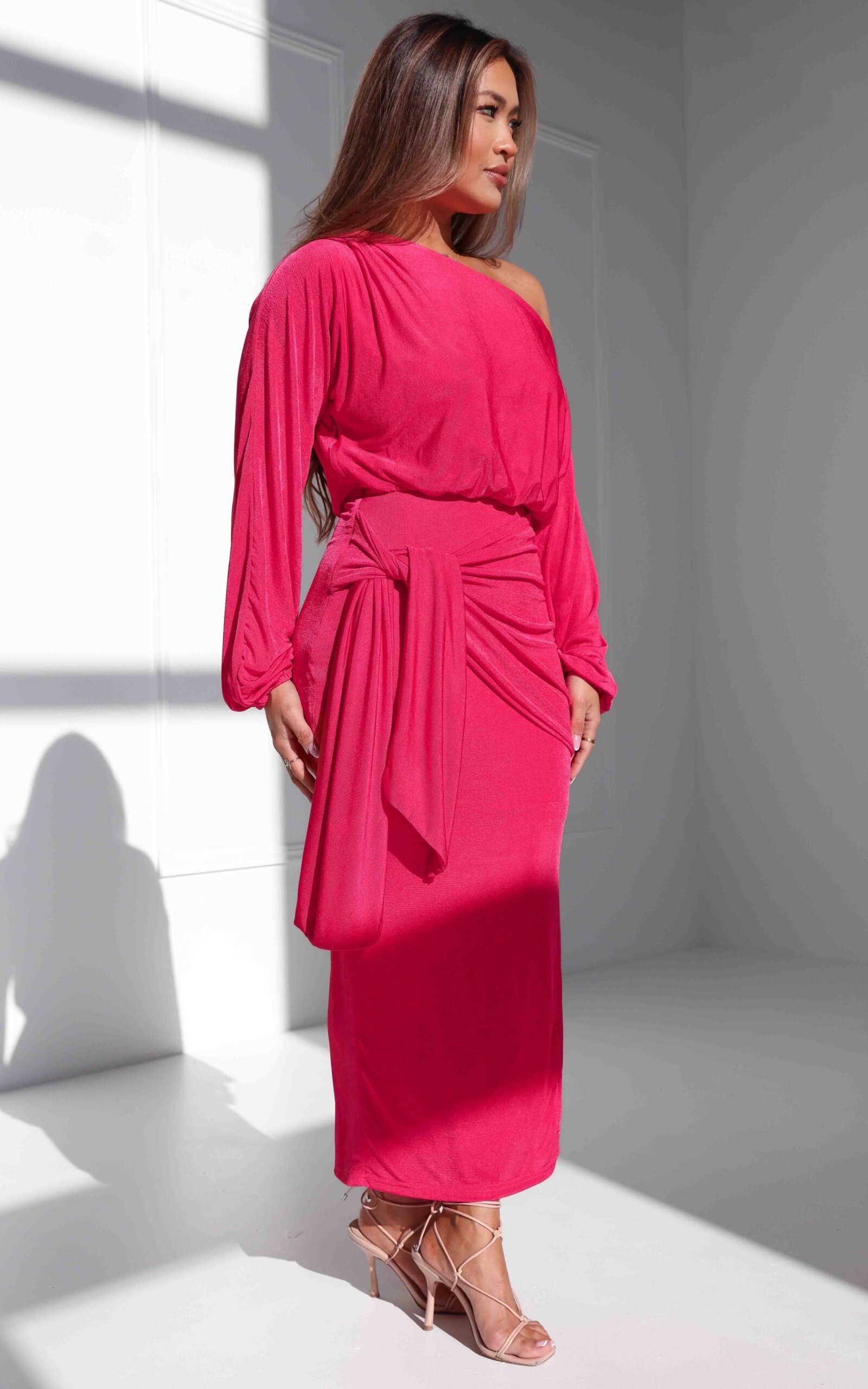 Kobe Long Sleeve Midi Dress - Watermelon Pink Sheen
